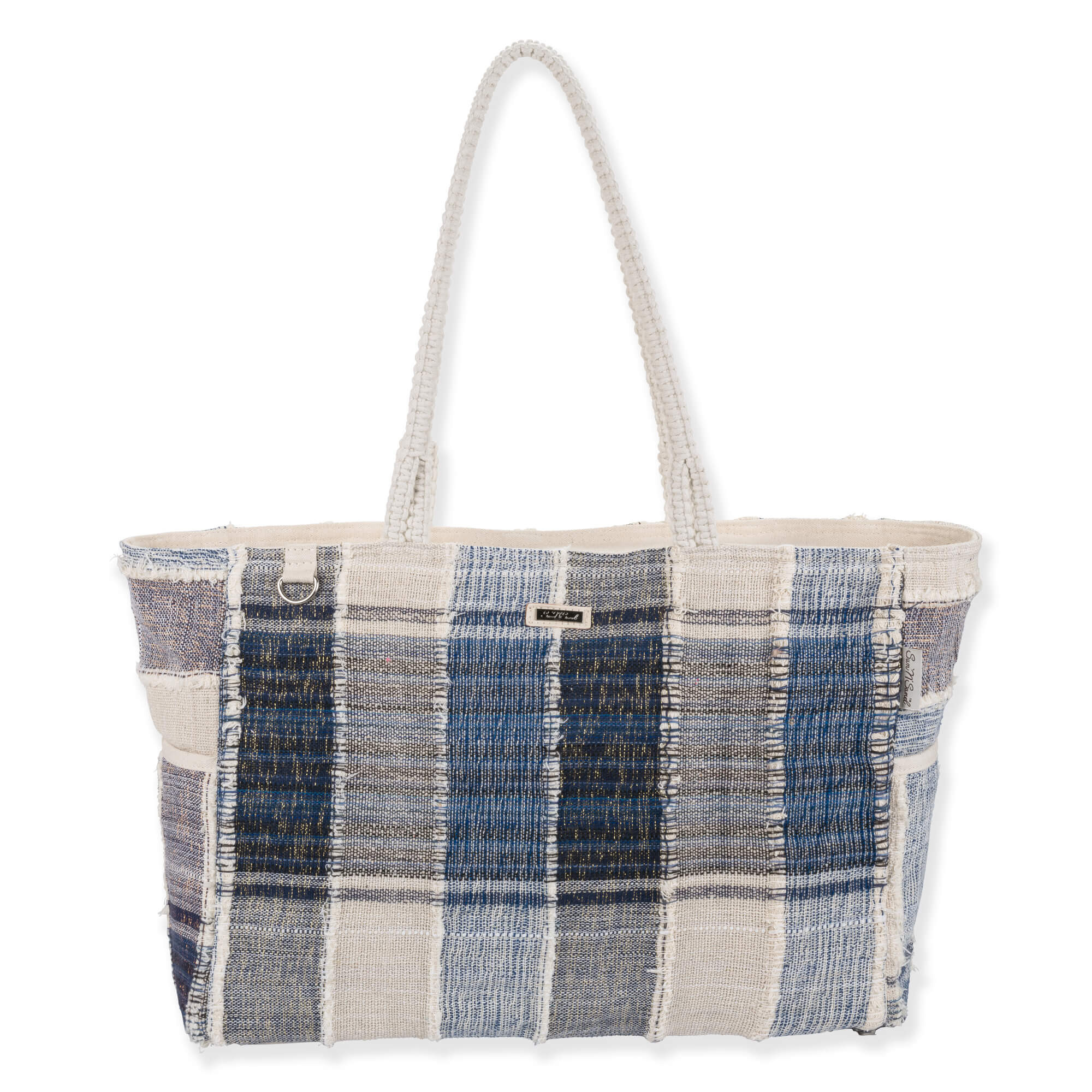 Front view of a rectangular blue and cream plaid woven tote bag featuring frayed fringe edges and matching fabric handles.