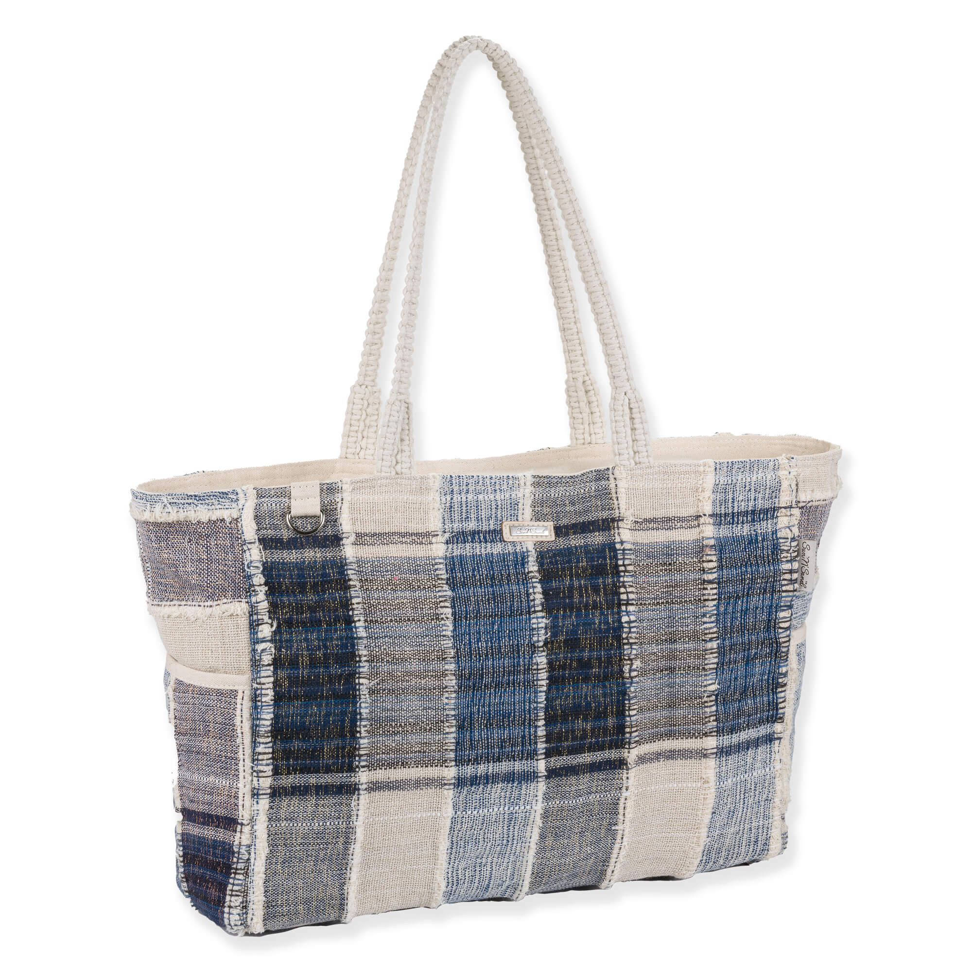 Side view of a rectangular blue and cream plaid woven tote bag featuring frayed fringe edges and matching fabric handles.