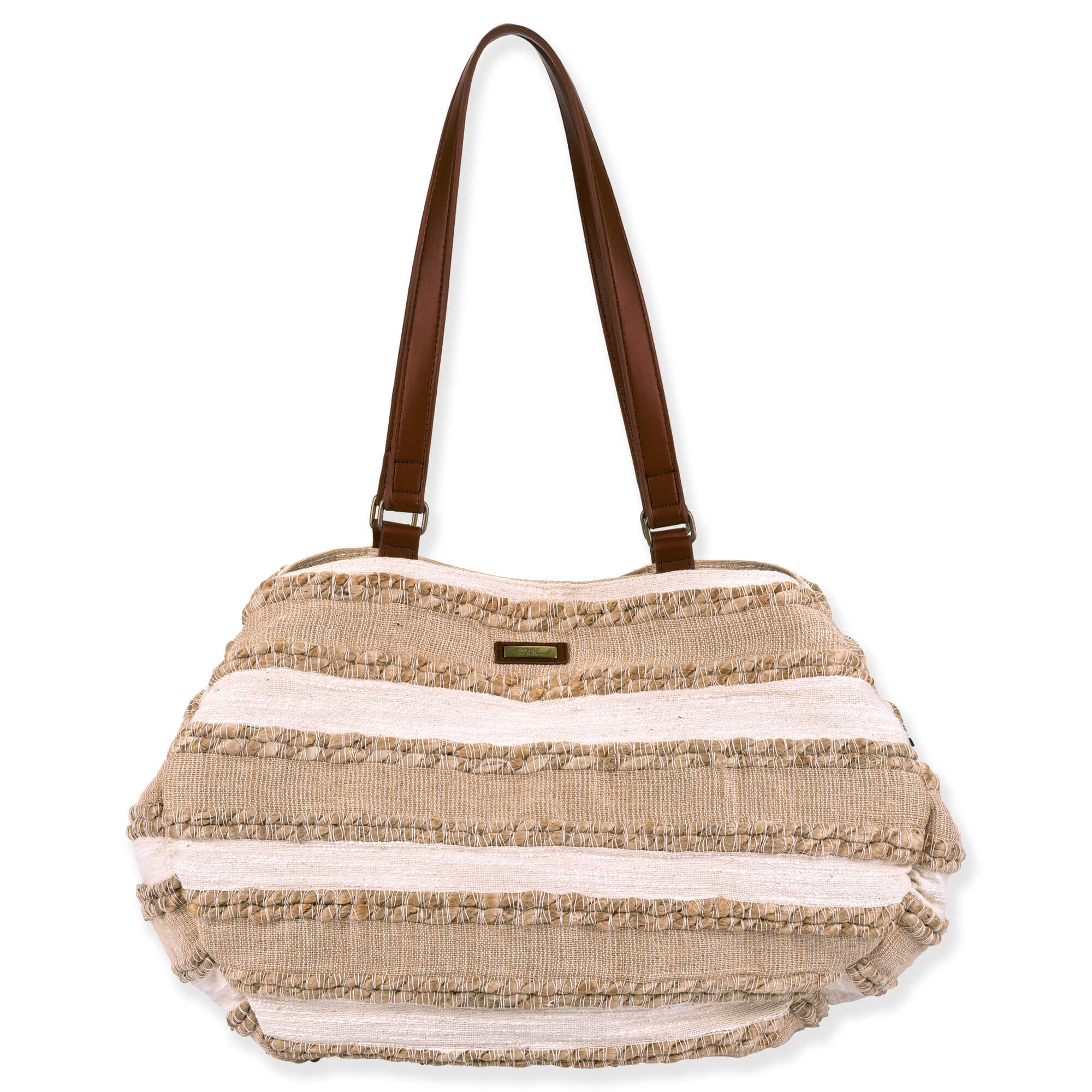 side view of a slouchy cream and tan striped straw shoulder bag featuring horizontal fringe rows and brown leather handles.