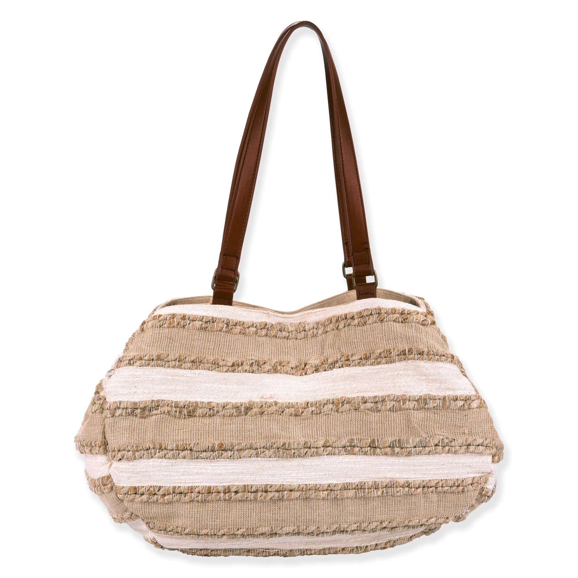 back  view of a slouchy cream and tan striped straw shoulder bag featuring horizontal fringe rows and brown leather handles.