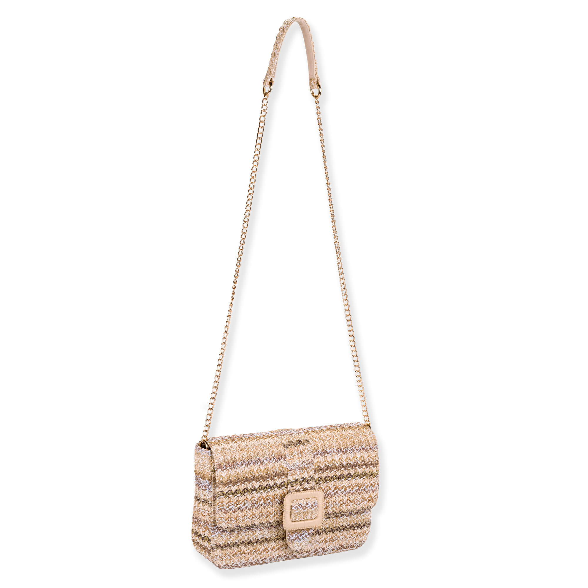 Side view of a rectangular, light-brown striped woven straw crossbody bag with a distinctive square woven buckle on the flap.