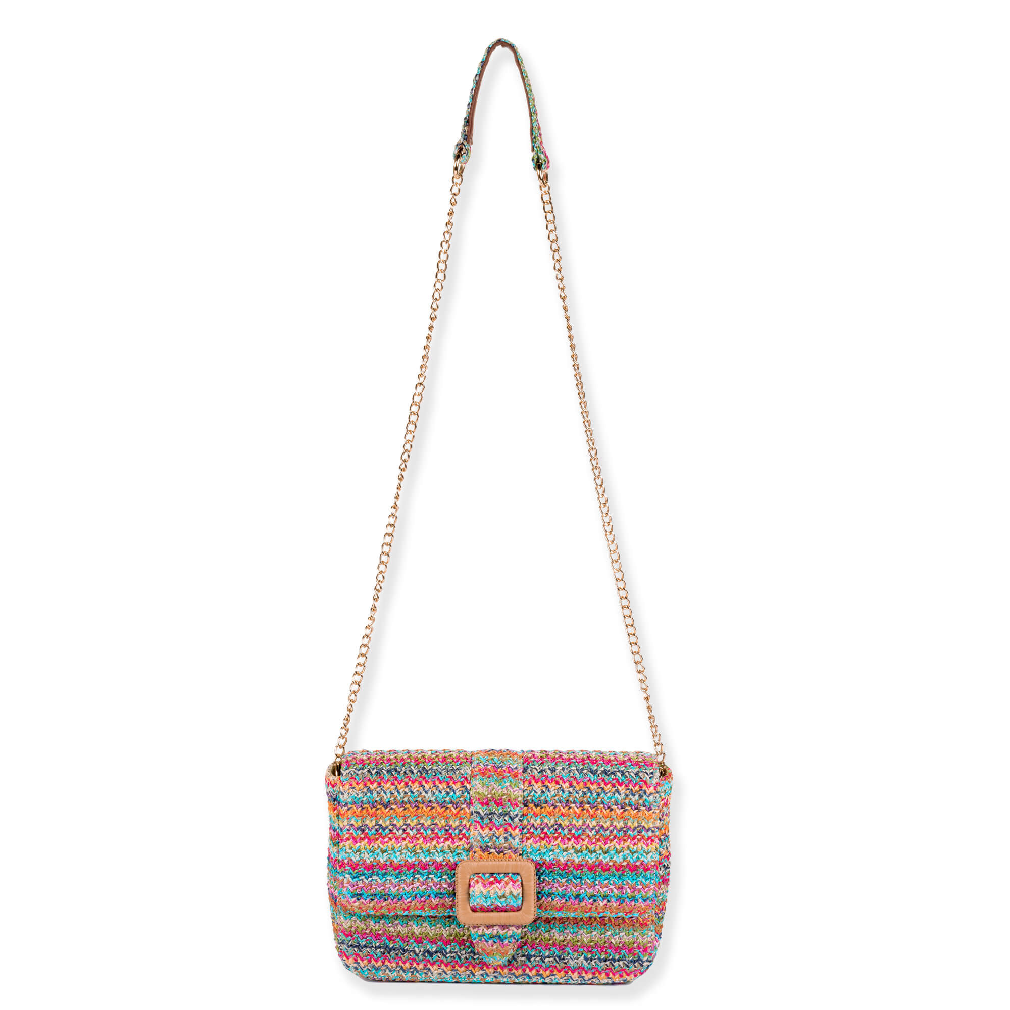 Front view of a rectangular multi-color striped woven straw crossbody bag featuring a square woven buckle and thin tan strap.
