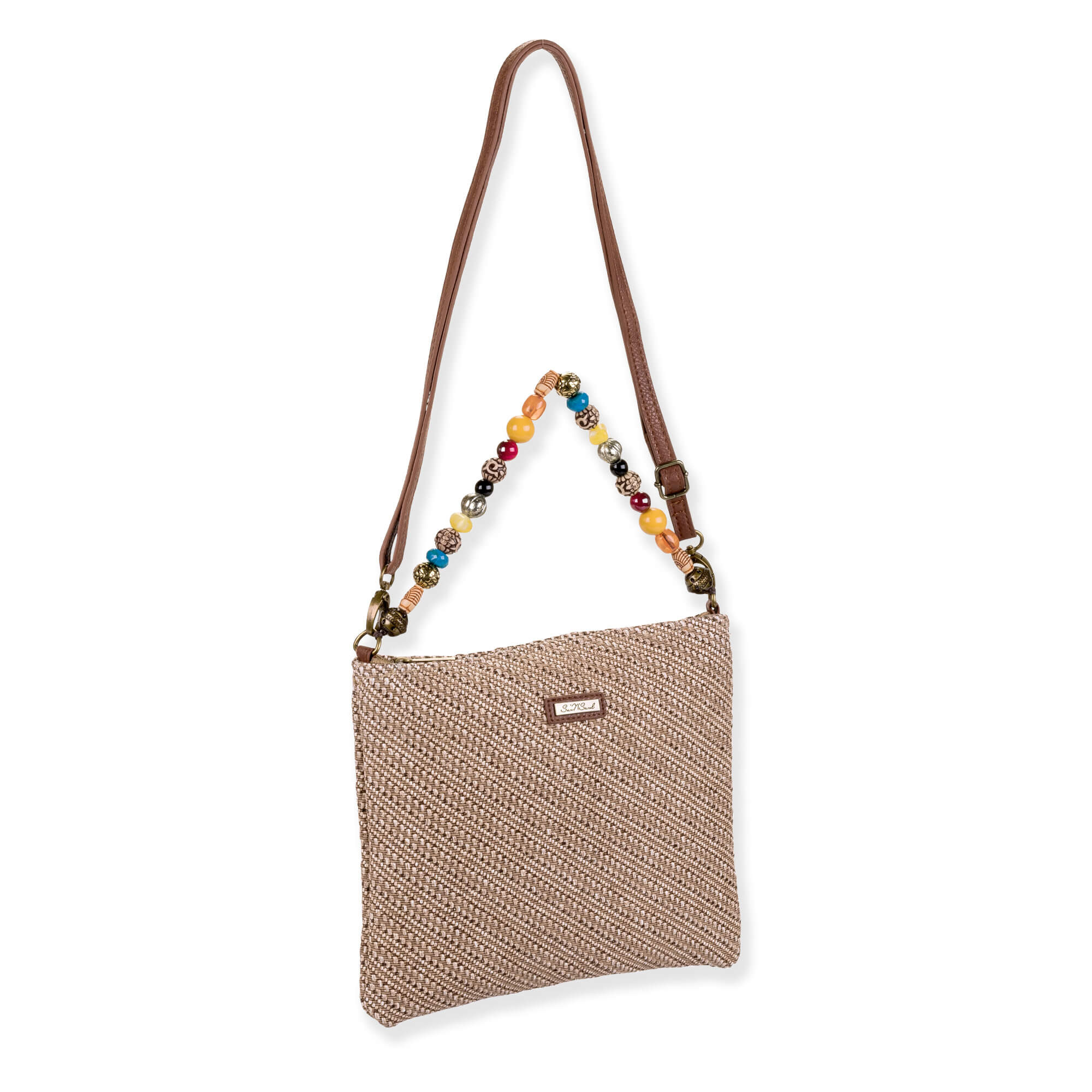 side view of a flat square tan woven straw crossbody bag featuring a colorful beaded top handle and brown strap.