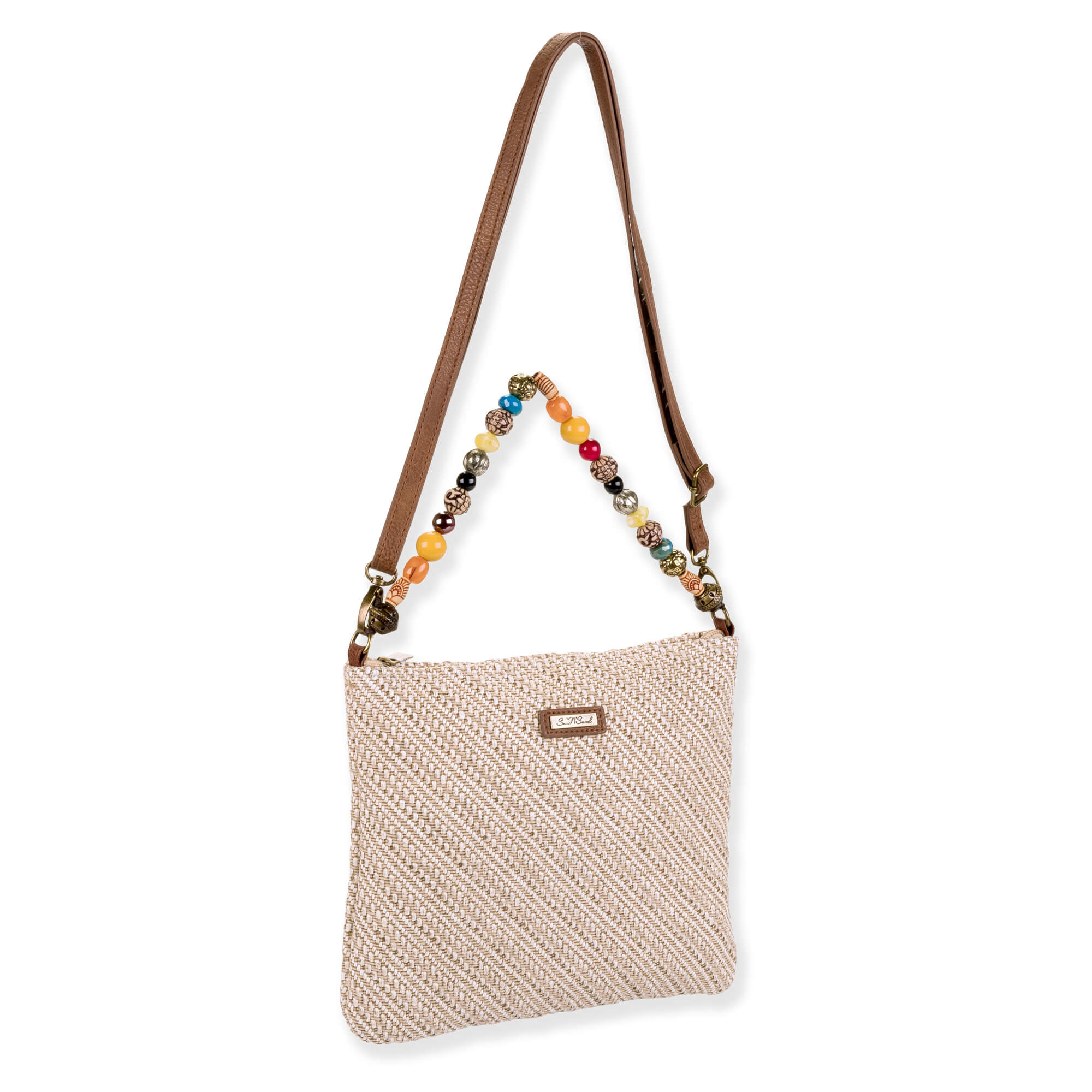 Side view of a flat square cream woven straw crossbody bag featuring a colorful beaded top handle and brown strap.