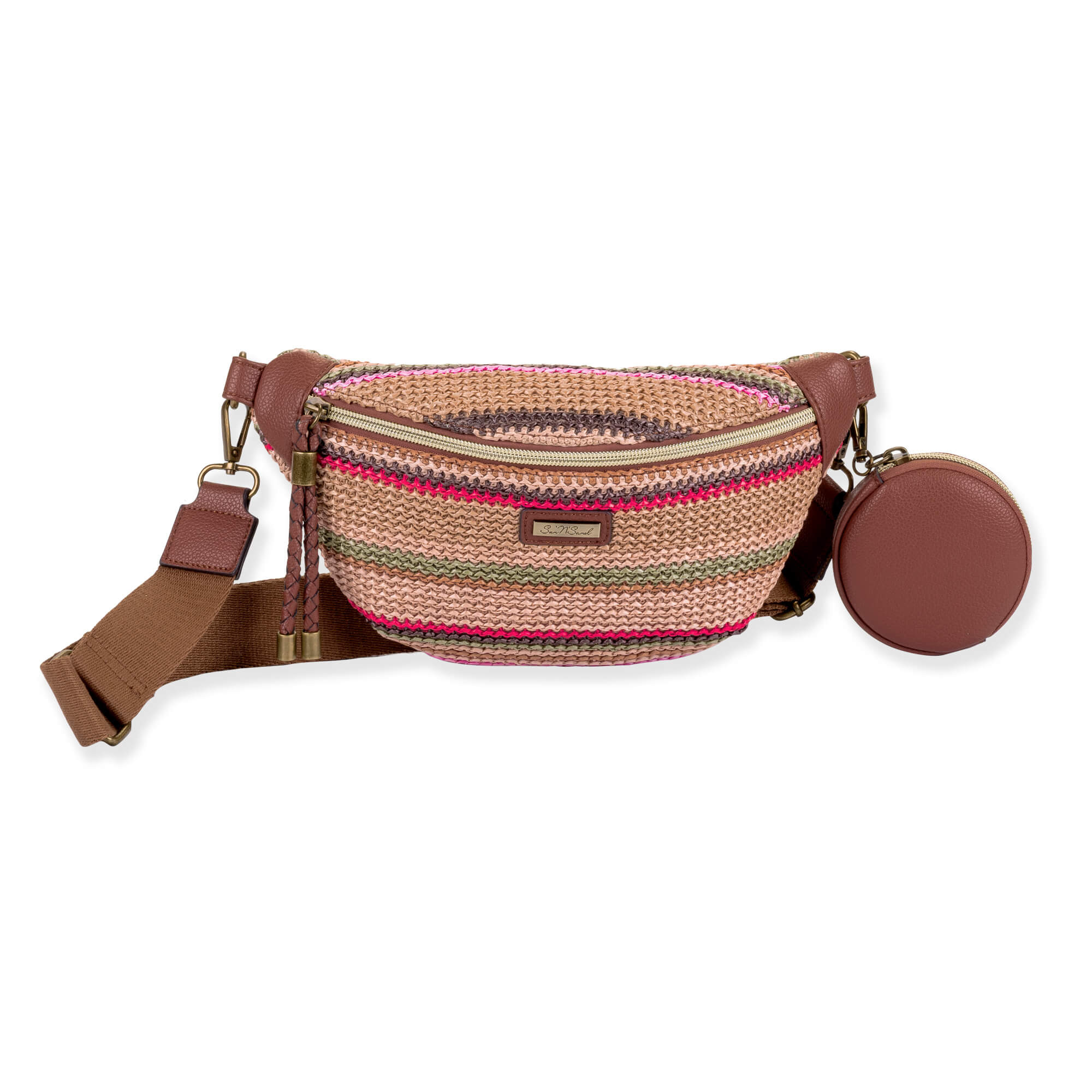 Front view of a crescent-shaped striped woven straw belt bag featuring brown leather trim, antique gold hardware, and round pouch.