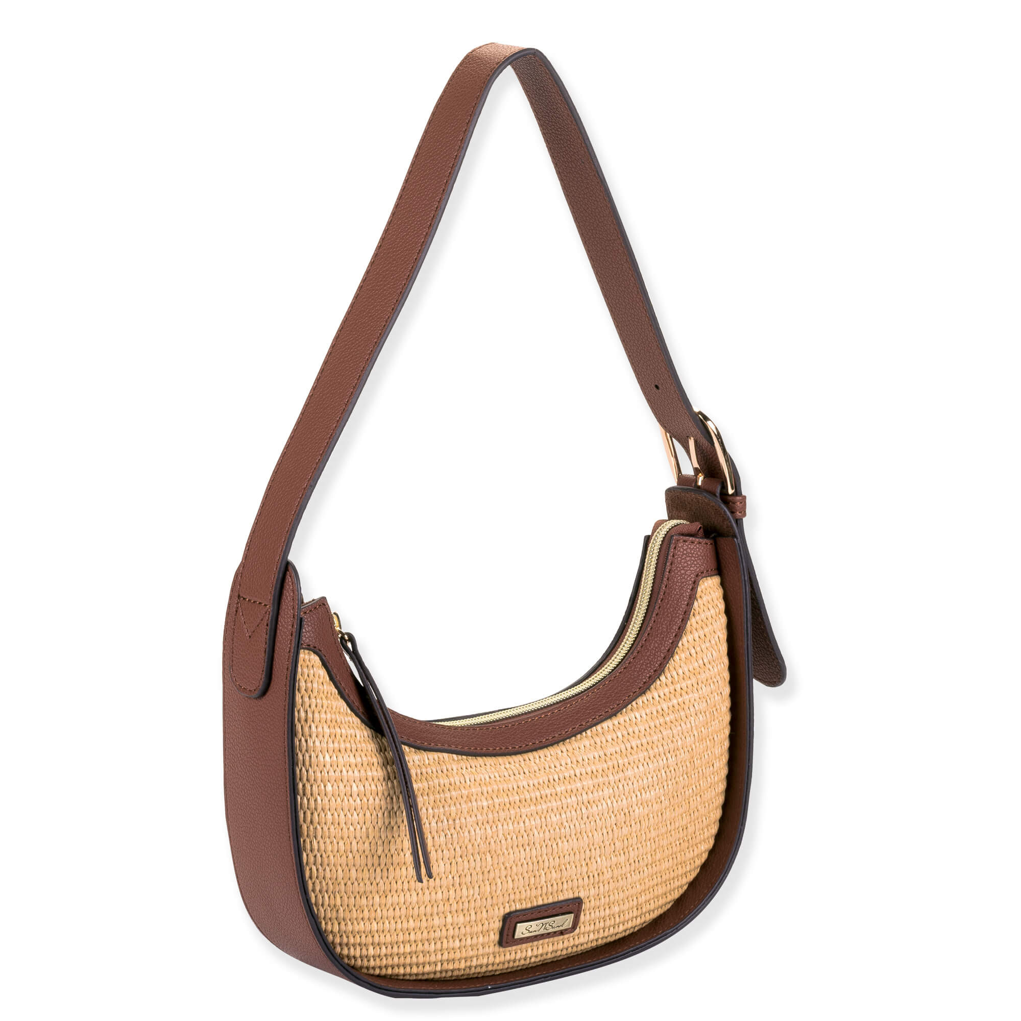 side view of beige woven crescent handbag with brown leather trim, zipper closure, curved structured shape, and small bottom front brand label.