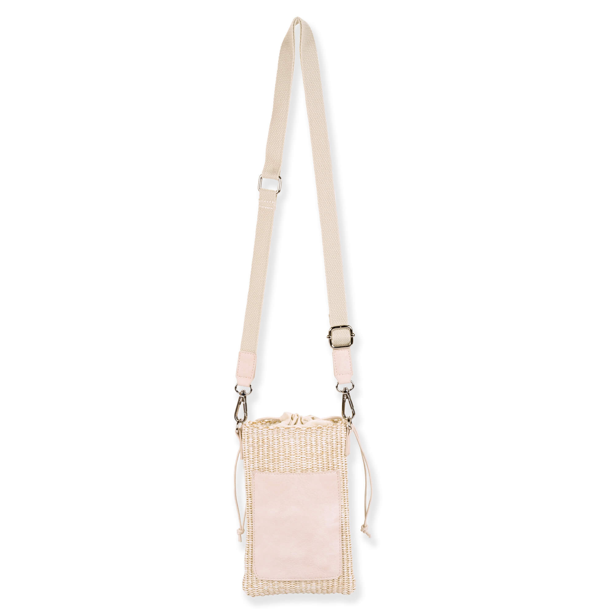 Front view of beige drawstring crossbody with pink front pocket, long adjustable strap, metal ring attachments, and compact structured casual design.