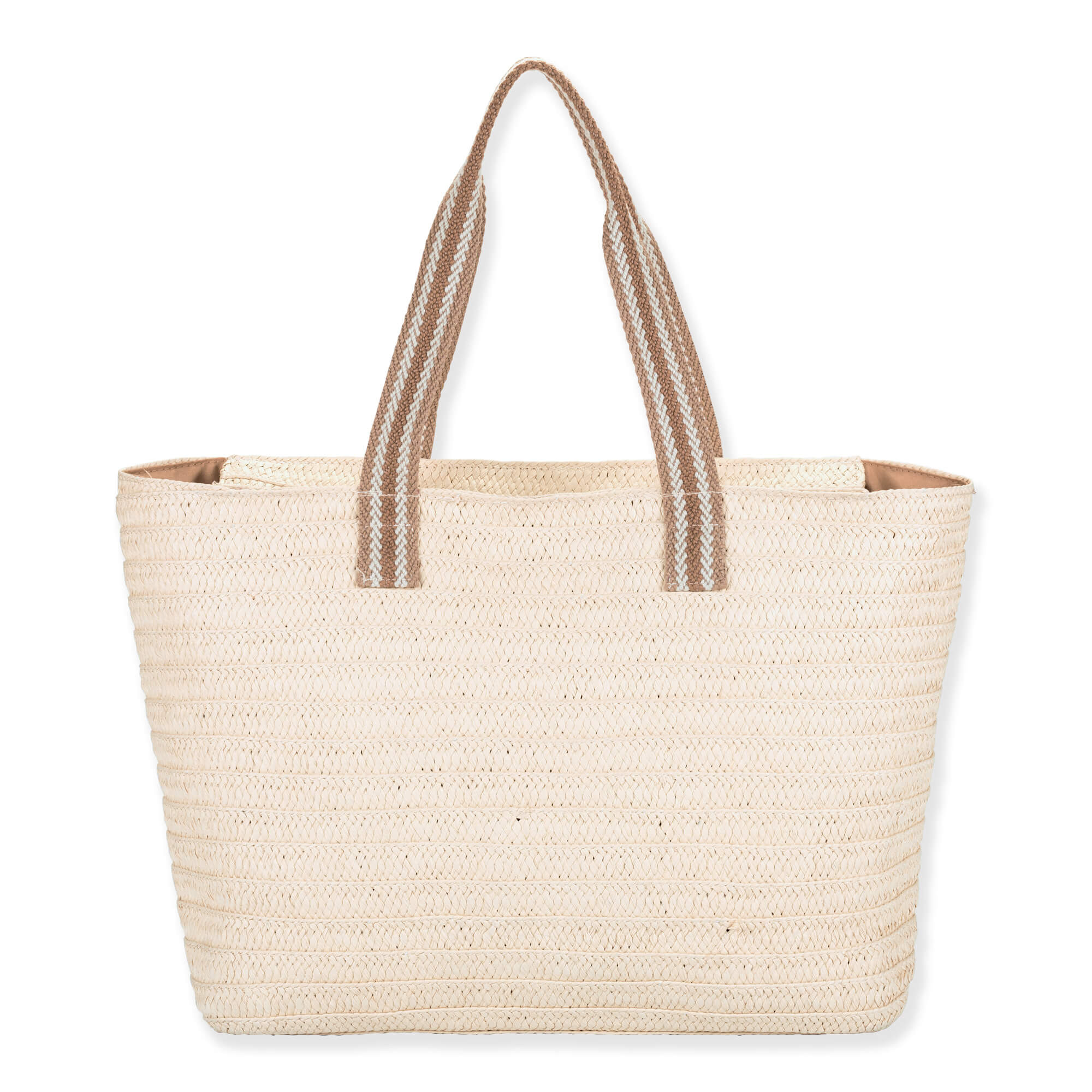 Back  view of light straw tote with striped handles, layered circular sunburst front detail, and textured woven body highlighting artisanal summer design.
