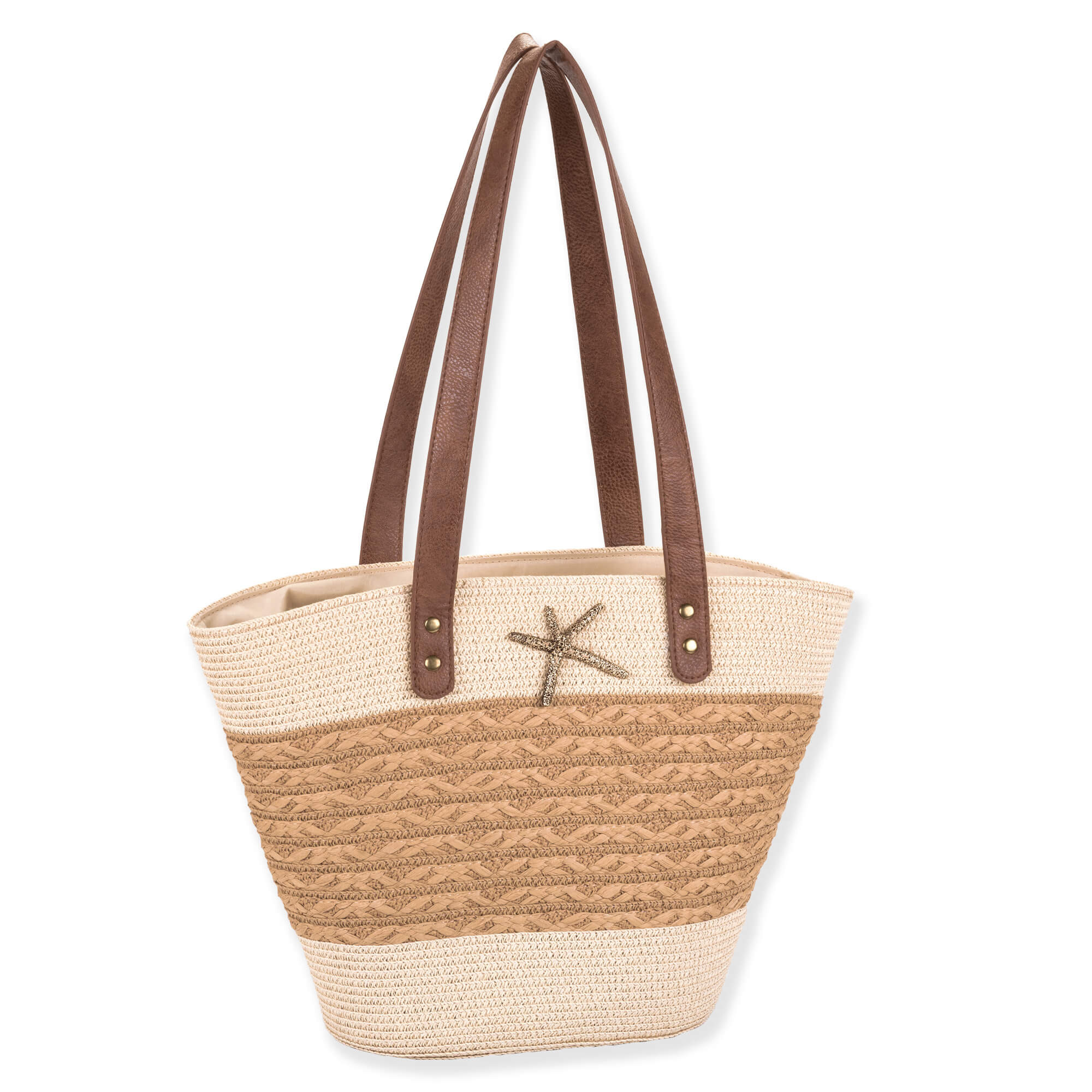Side view of beige woven tote with brown straps, wave‑textured tan center panel, and decorative starfish accent highlighting coastal‑inspired design.