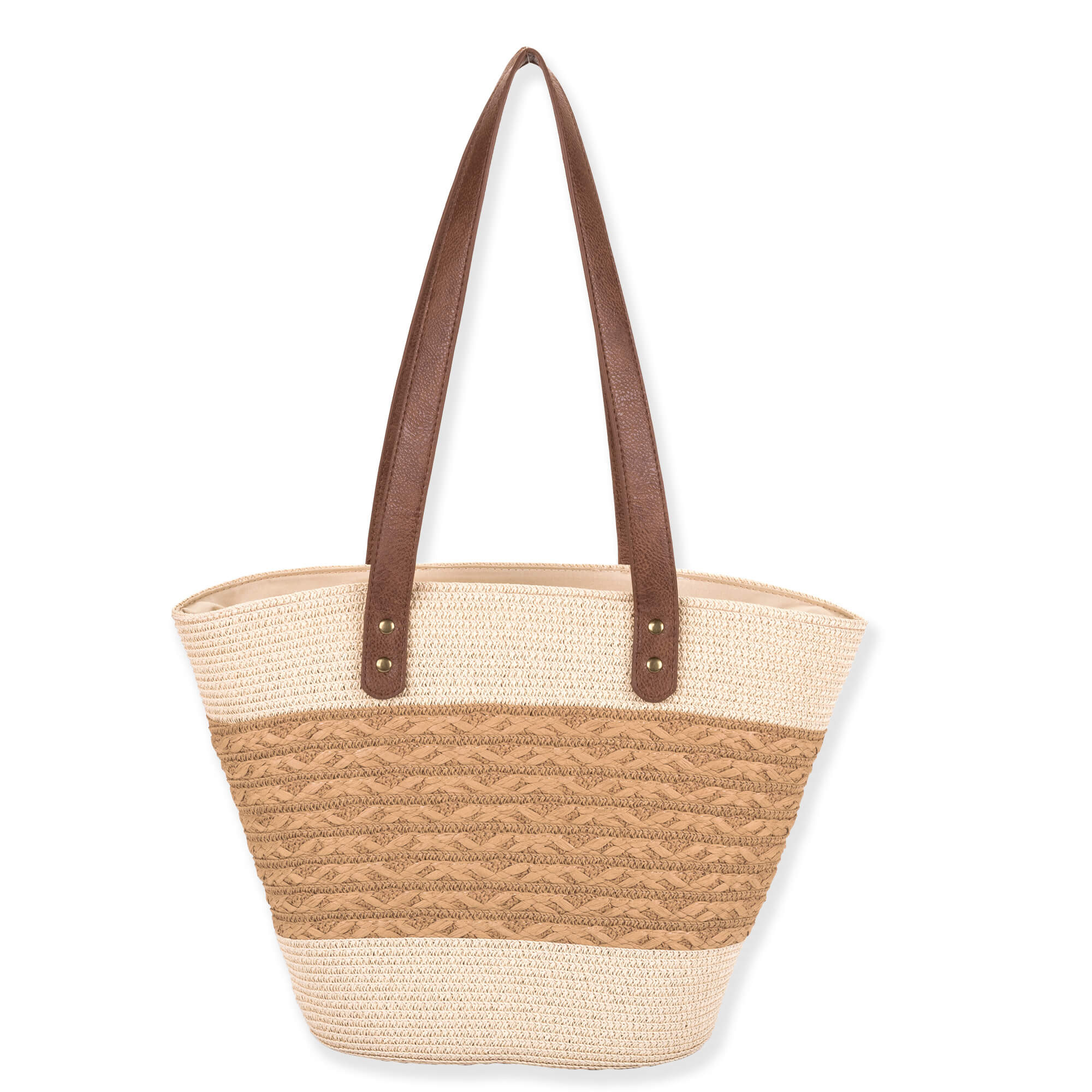 rear view of beige woven tote with brown straps, wave‑textured tan center panel, and decorative starfish accent highlighting coastal‑inspired design.