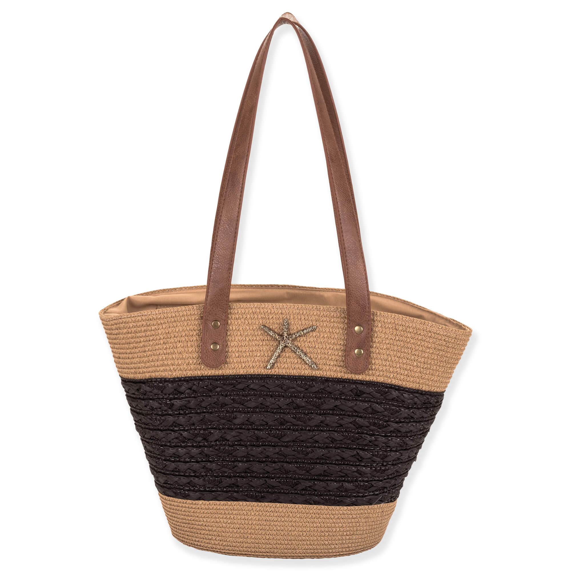 Front view of tan two‑tone woven tote with brown leather straps, central darker panel, and metallic starfish accent highlighting coastal‑inspired design.