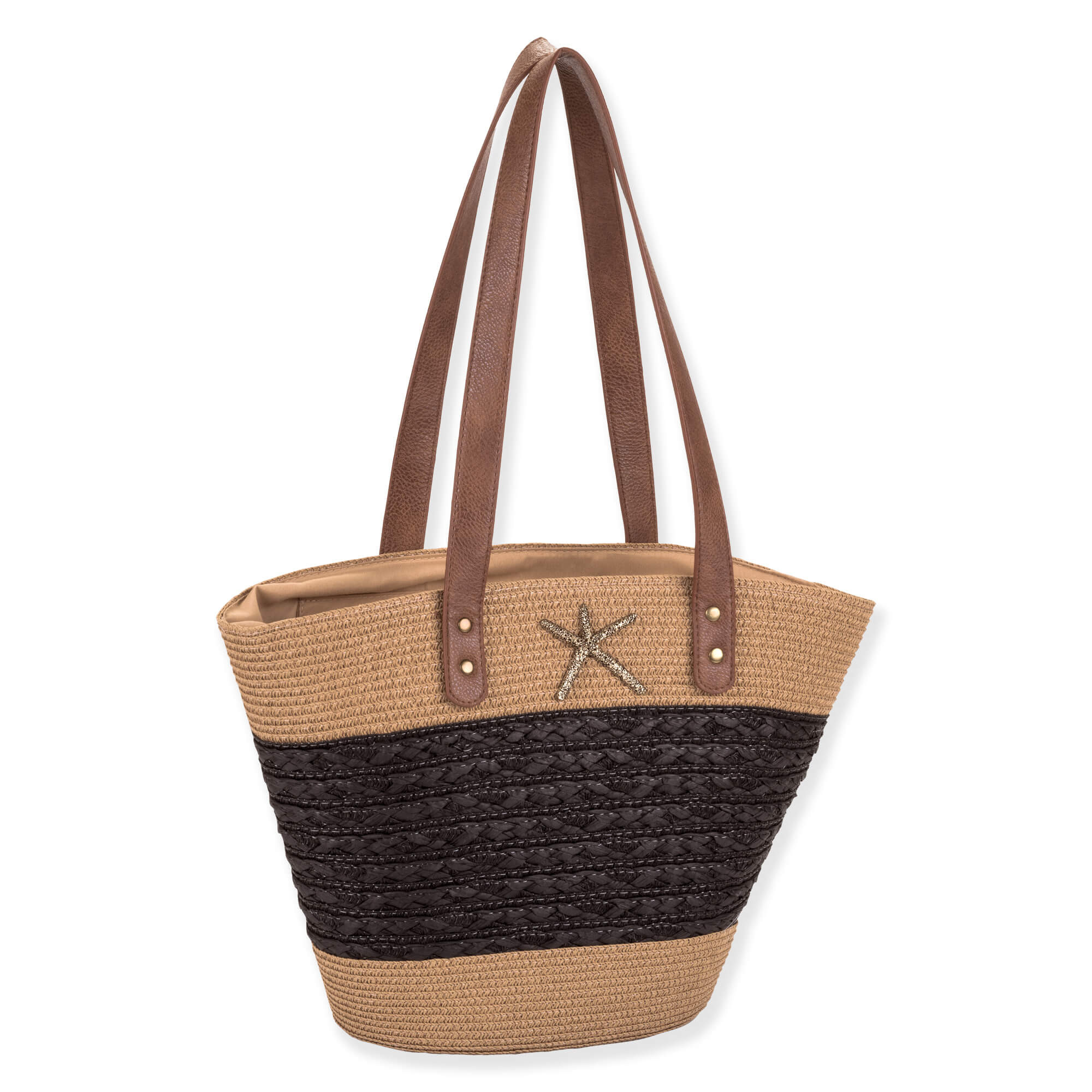 Side view of tan two‑tone woven tote with brown leather straps, central darker panel, and metallic starfish accent highlighting coastal‑inspired design.