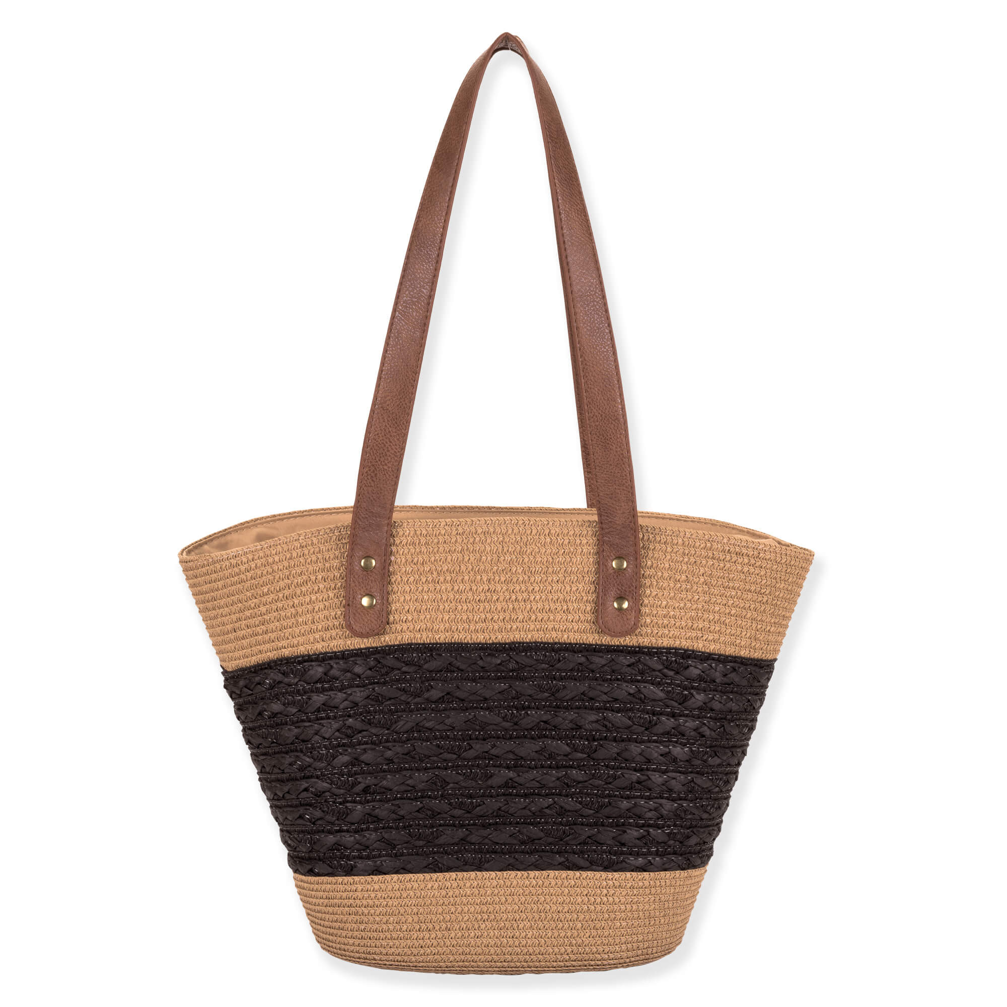 rear view of tan two‑tone woven tote with brown leather straps, central darker panel, and metallic starfish accent highlighting coastal‑inspired design.