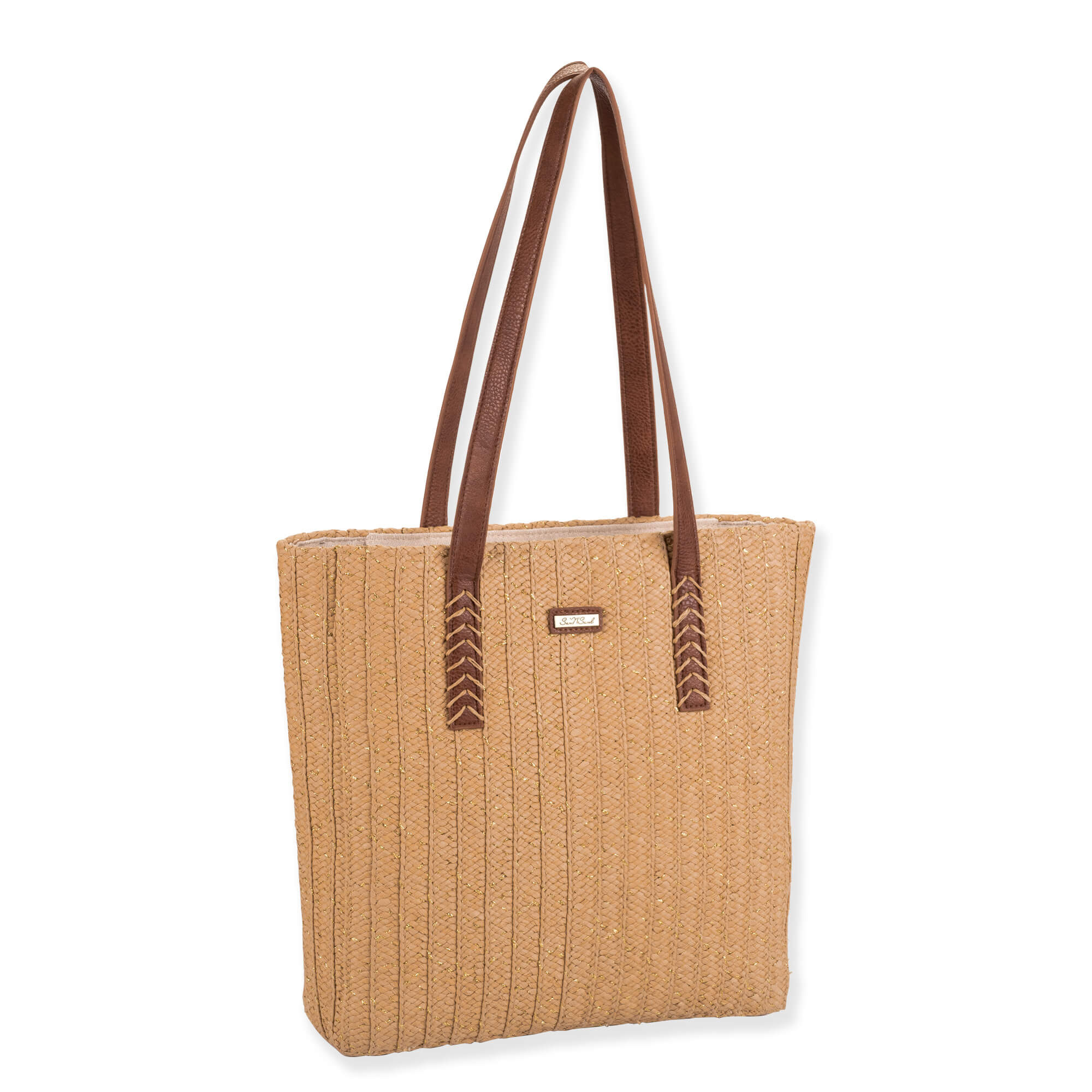 Front view of tan stitched‑line tote with long brown leather straps, textured woven body, and small top center label highlighting structured design.