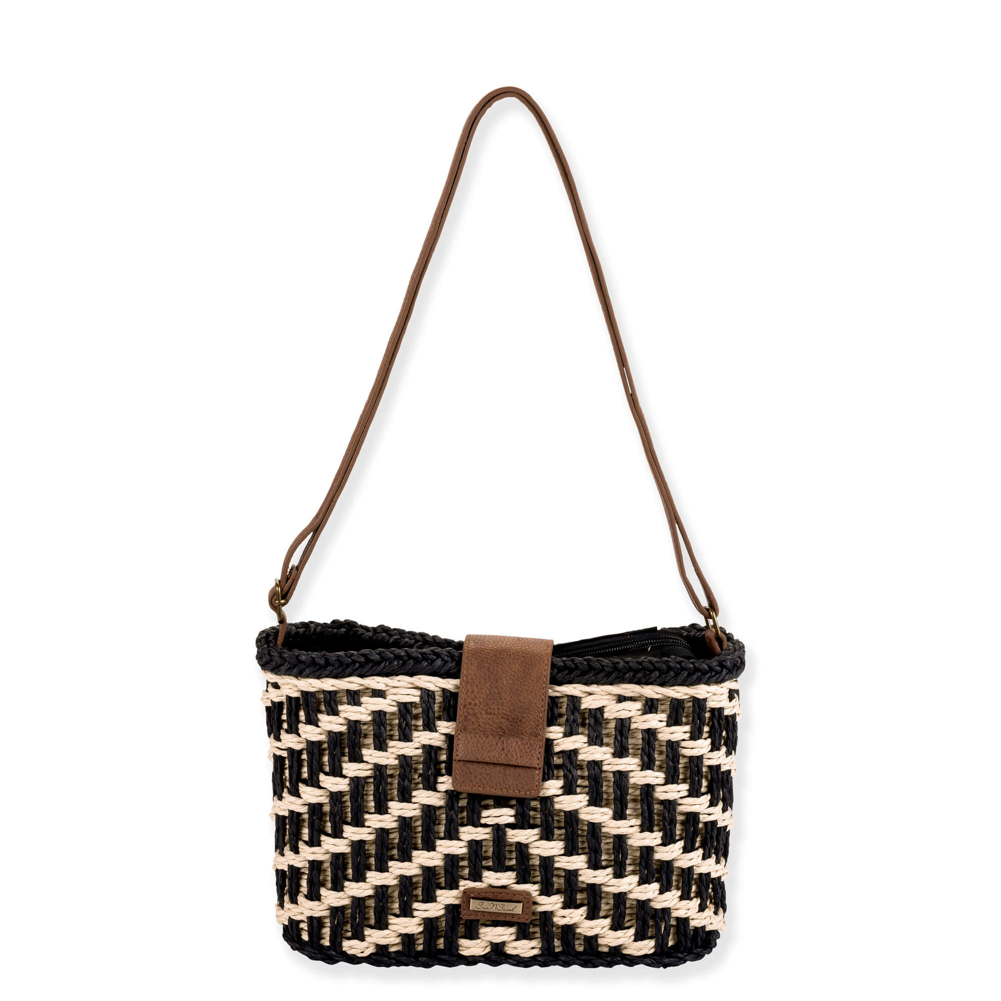 Front view of black and beige zigzag‑woven shoulder bag with brown leather strap, matching flap closure, and small metallic front logo accent.