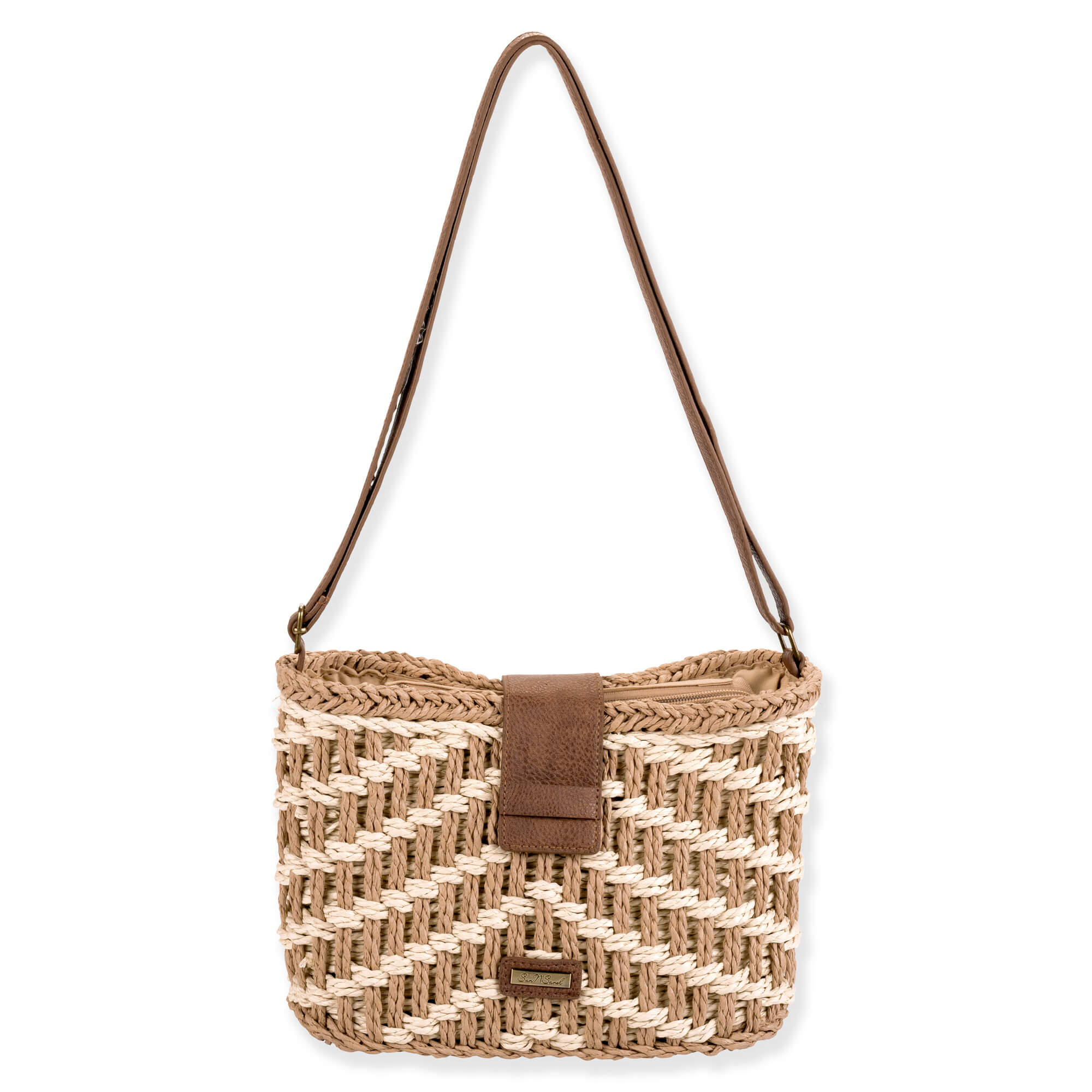 Front view of tan zigzag‑pattern woven shoulder bag with brown strap, matching flap closure, and small bottom metallic logo highlighting textured design.