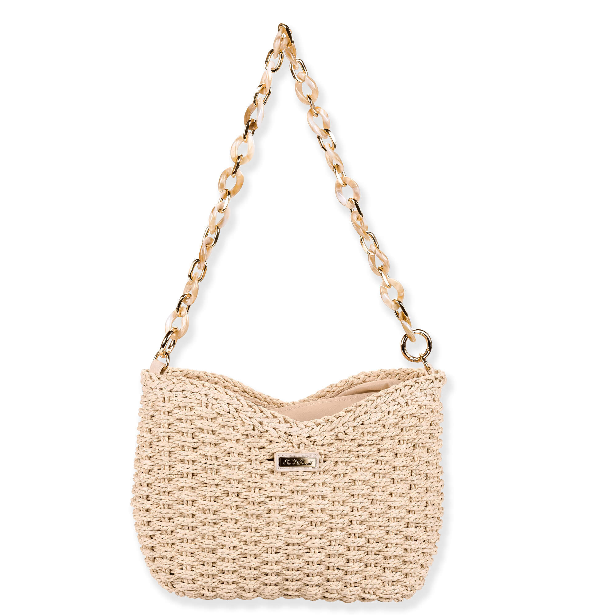 Front view of beige chunky‑woven handbag with gold chain strap, textured basket body, and small metallic front logo highlighting structured design.
