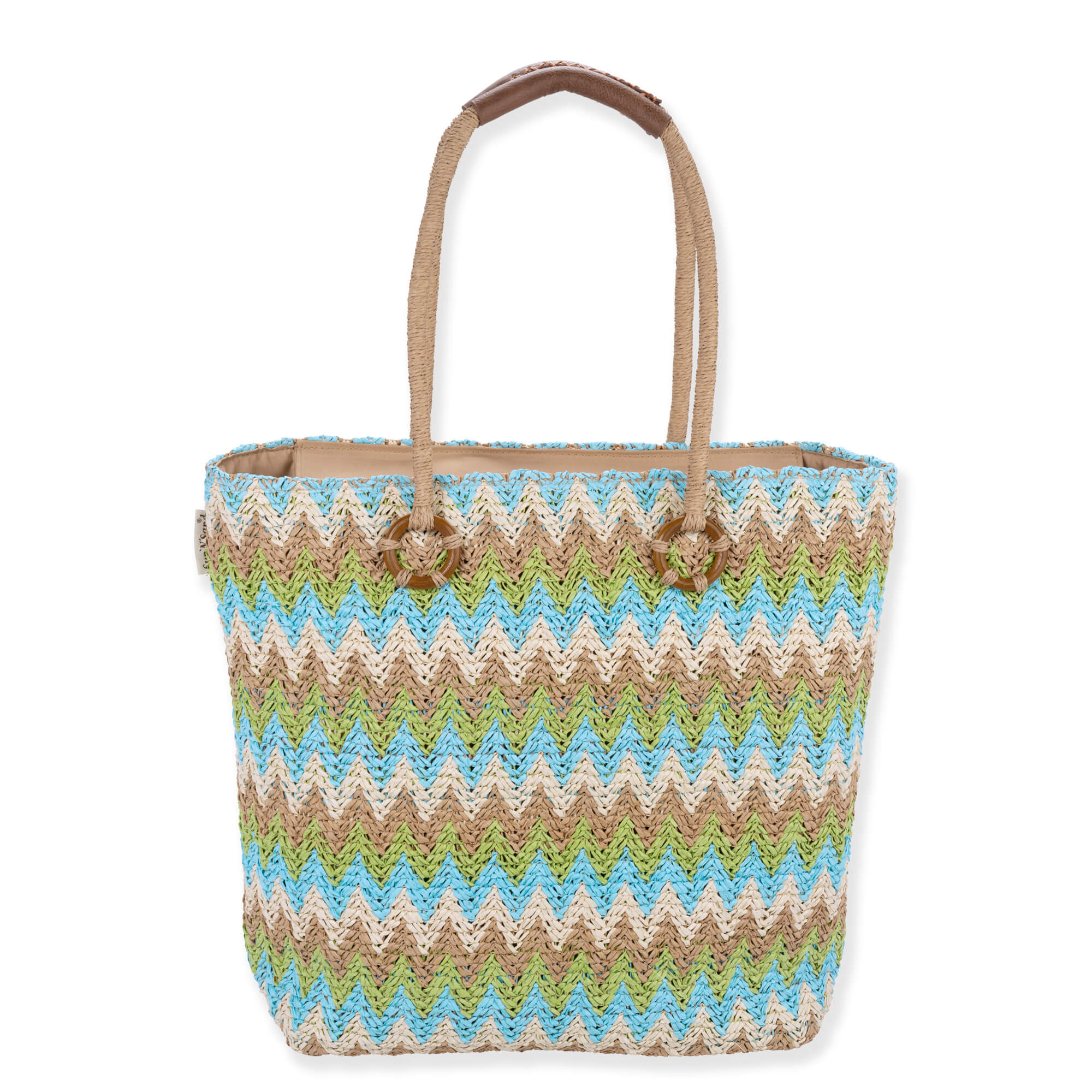 rear view of blue, green, beige, brown zigzag woven tote with tan rope handles and small top metallic tag highlighting textured design.