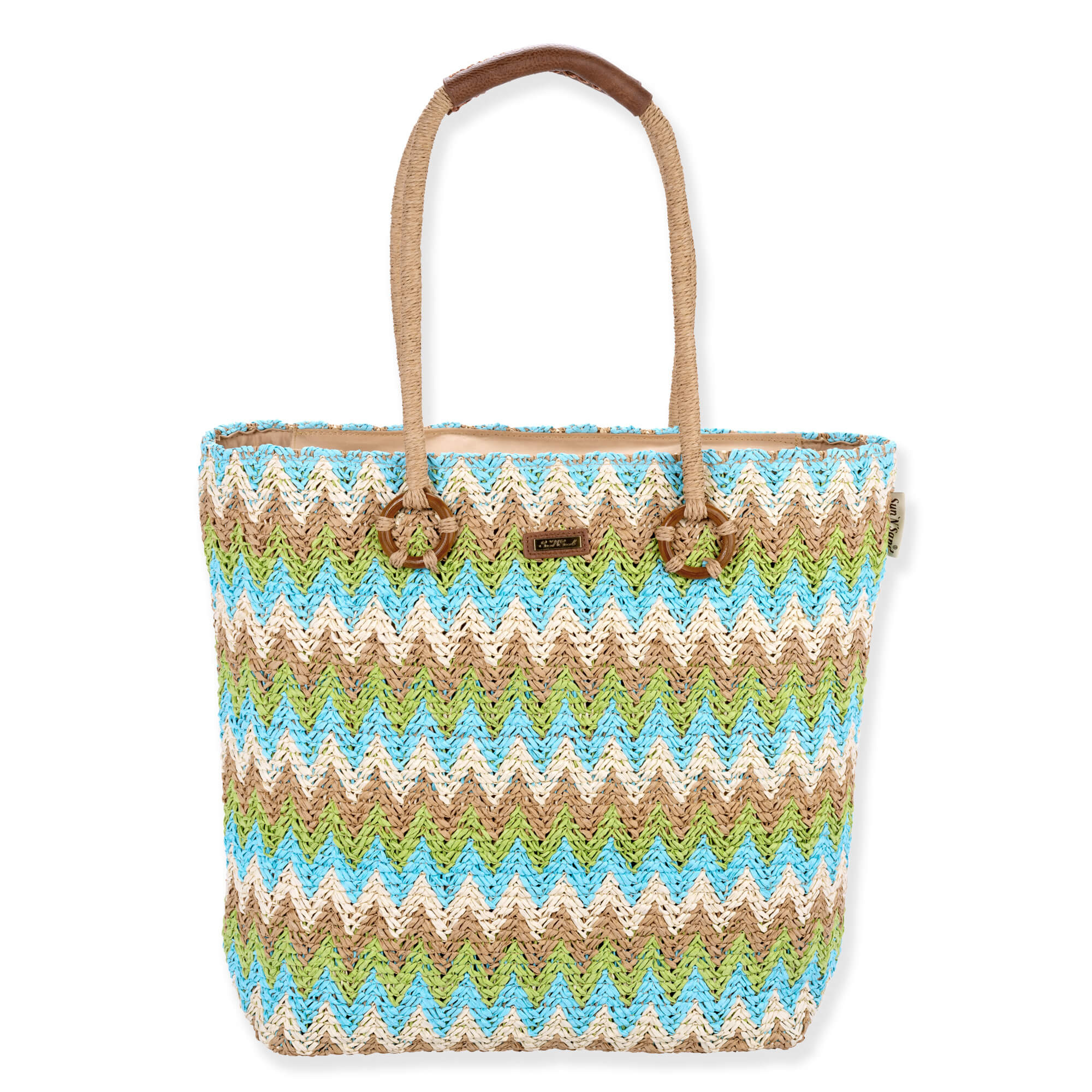 Front view of blue, green, beige, brown zigzag woven tote with tan rope handles and small top metallic tag highlighting textured design.