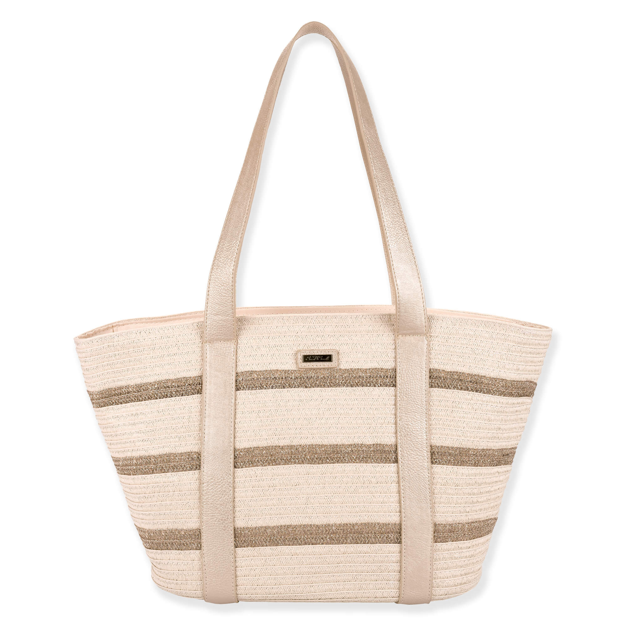 Front view of beige and tan striped woven tote with long light handles, horizontal textured bands, and small top center tag highlighting structured design.