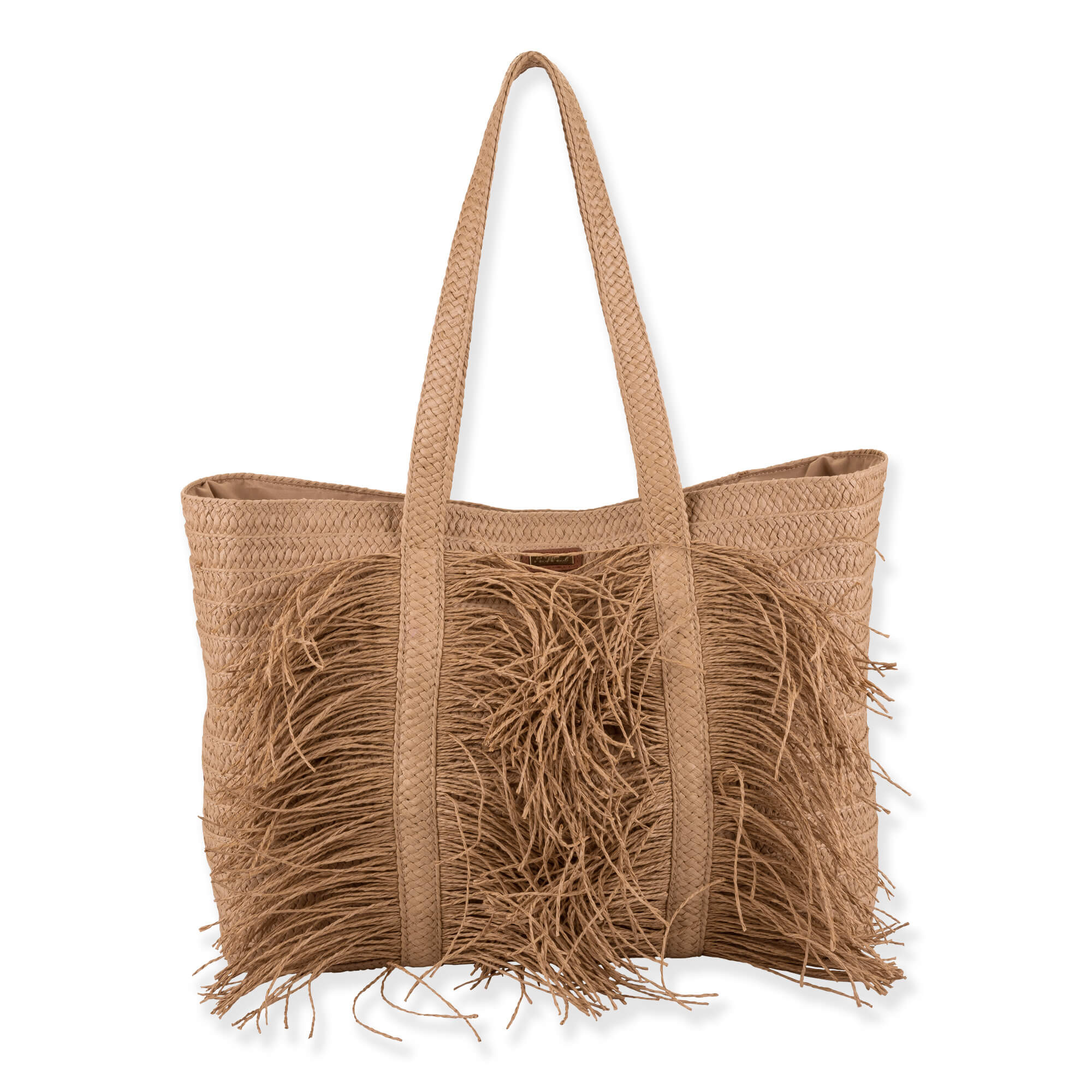 Front view of large woven straw tote with long handles and dense front fringe detailing, showcasing natural textured bohemian summer design.