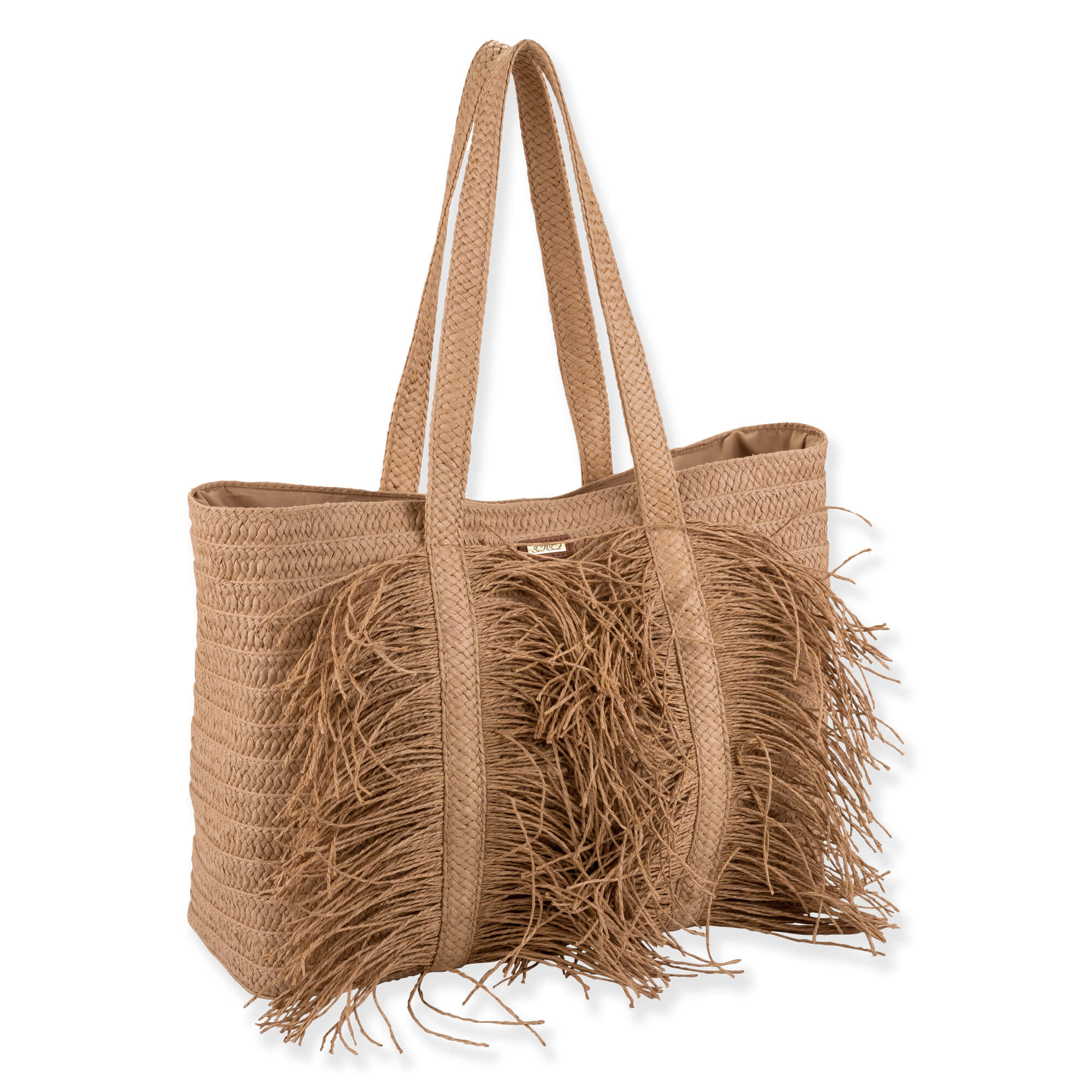 side view of large woven straw tote with long handles and dense front fringe detailing, showcasing natural textured bohemian summer design.