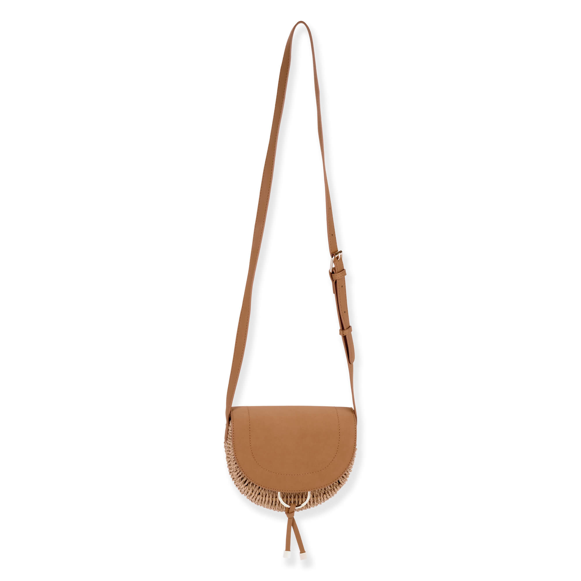 Front view of a brown saddle bag featuring a smooth leather flap, woven straw trim, drawstring detail, and adjustable strap