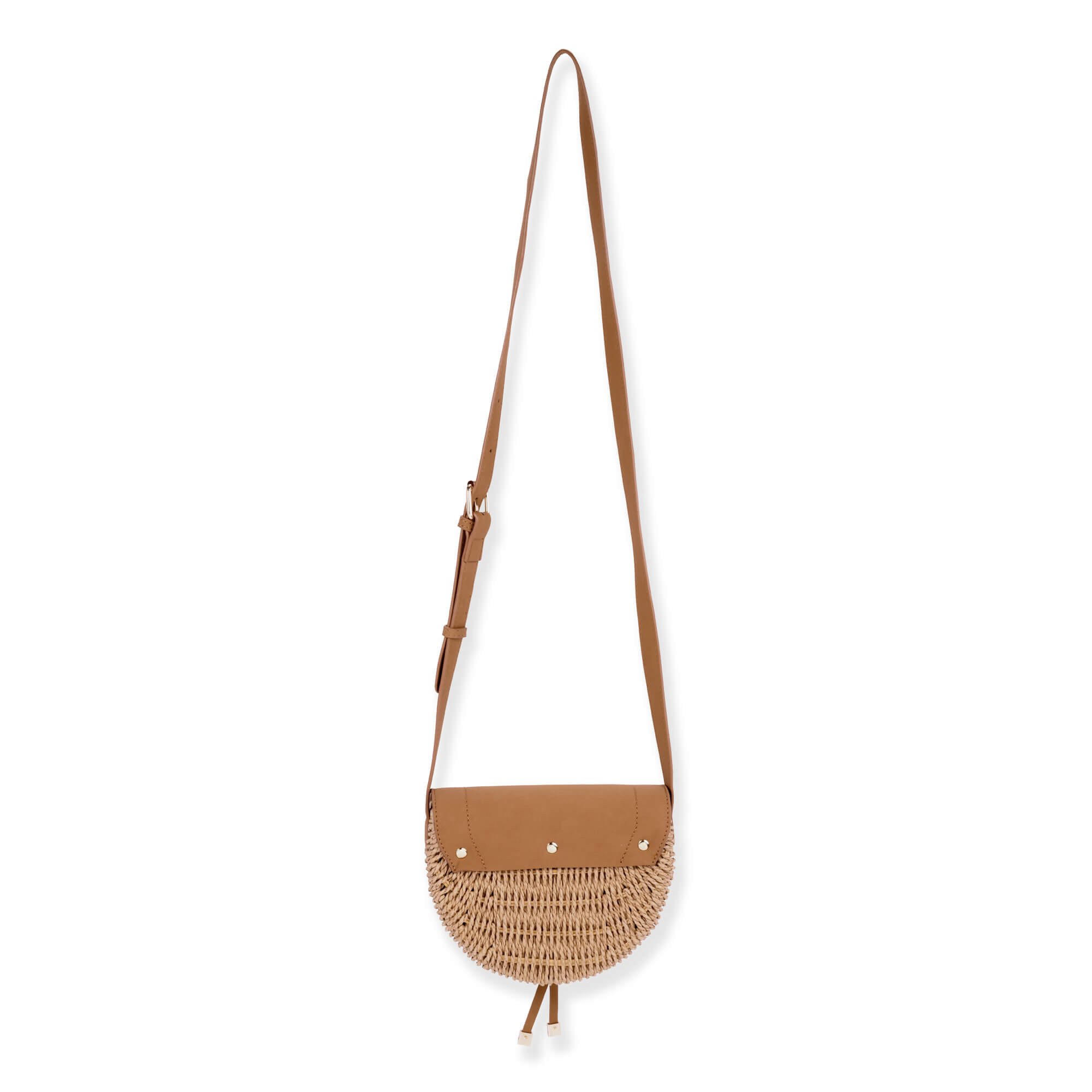 Rear view of a brown saddle bag featuring a smooth leather flap, woven straw trim, drawstring detail, and adjustable strap