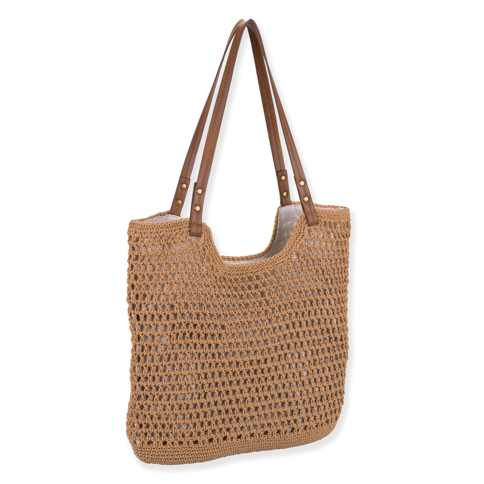 Side view of tan Sun N Sand crochet shoulder tote featuring rectangular open-mesh weave, brown faux-leather straps, and brass rivets.