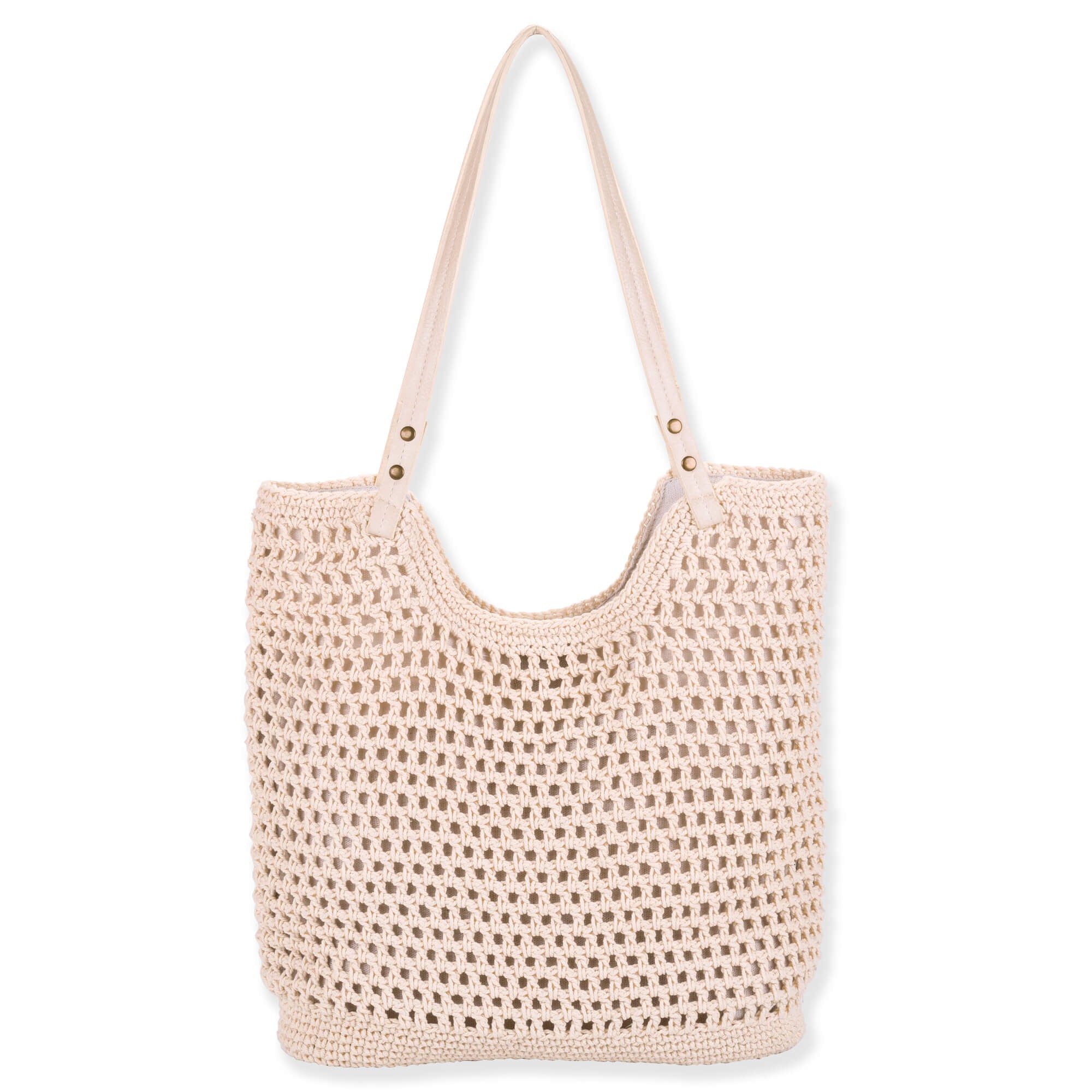 Front view of cream Sun N Sand crochet shoulder tote featuring rectangular open-mesh weave, tan faux-leather straps, and brass rivets.