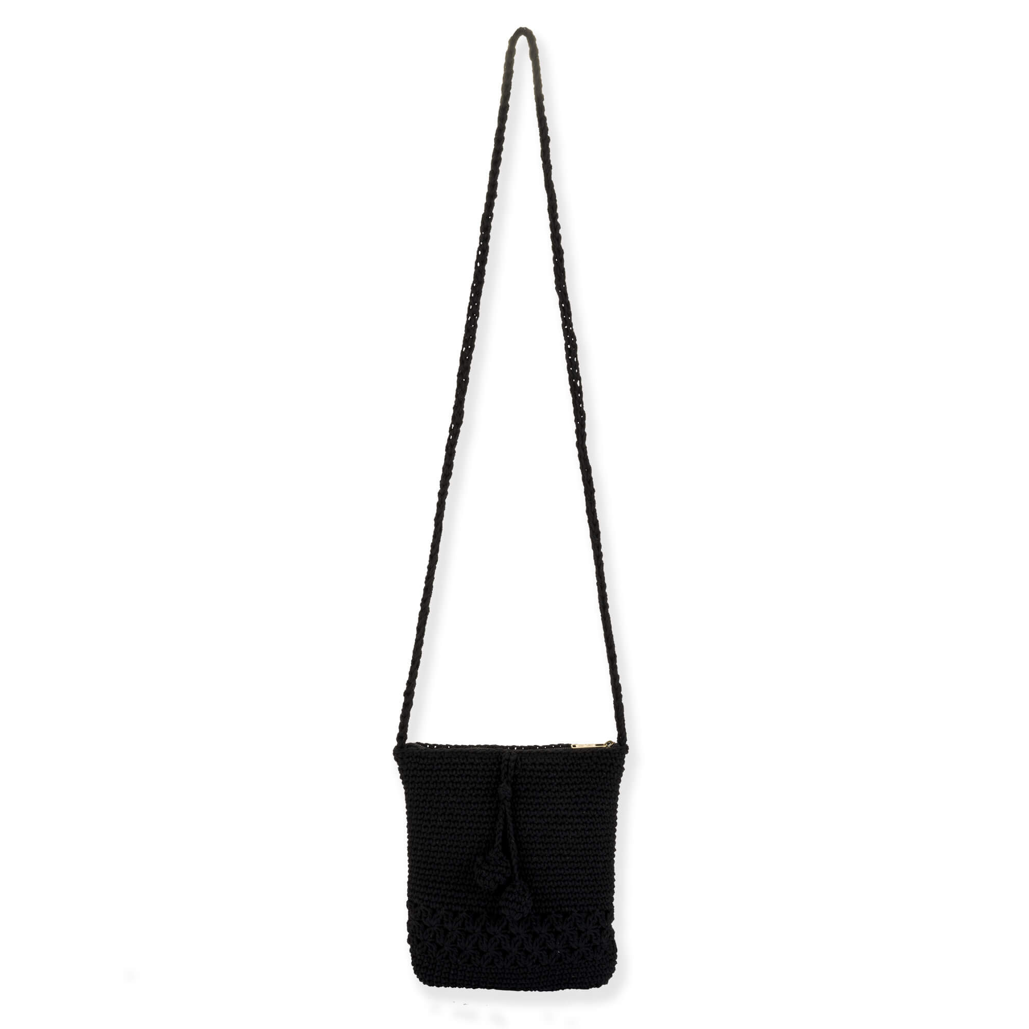 Front view of black crochet Sun N Sand crossbody bag featuring floral open-work hem, drawstring tassels, and braided shoulder strap.