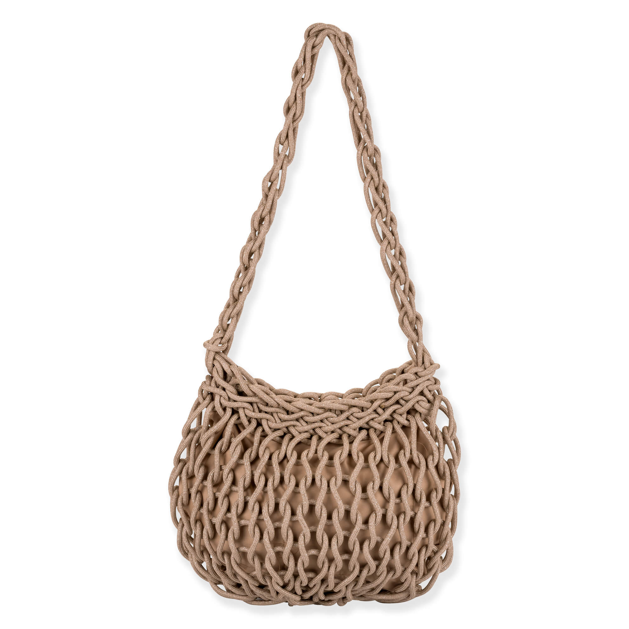 Front view of dark tan macramé Sun N Sand shoulder bag featuring heavy knotted rope exterior, solid interior pouch, and braided strap.