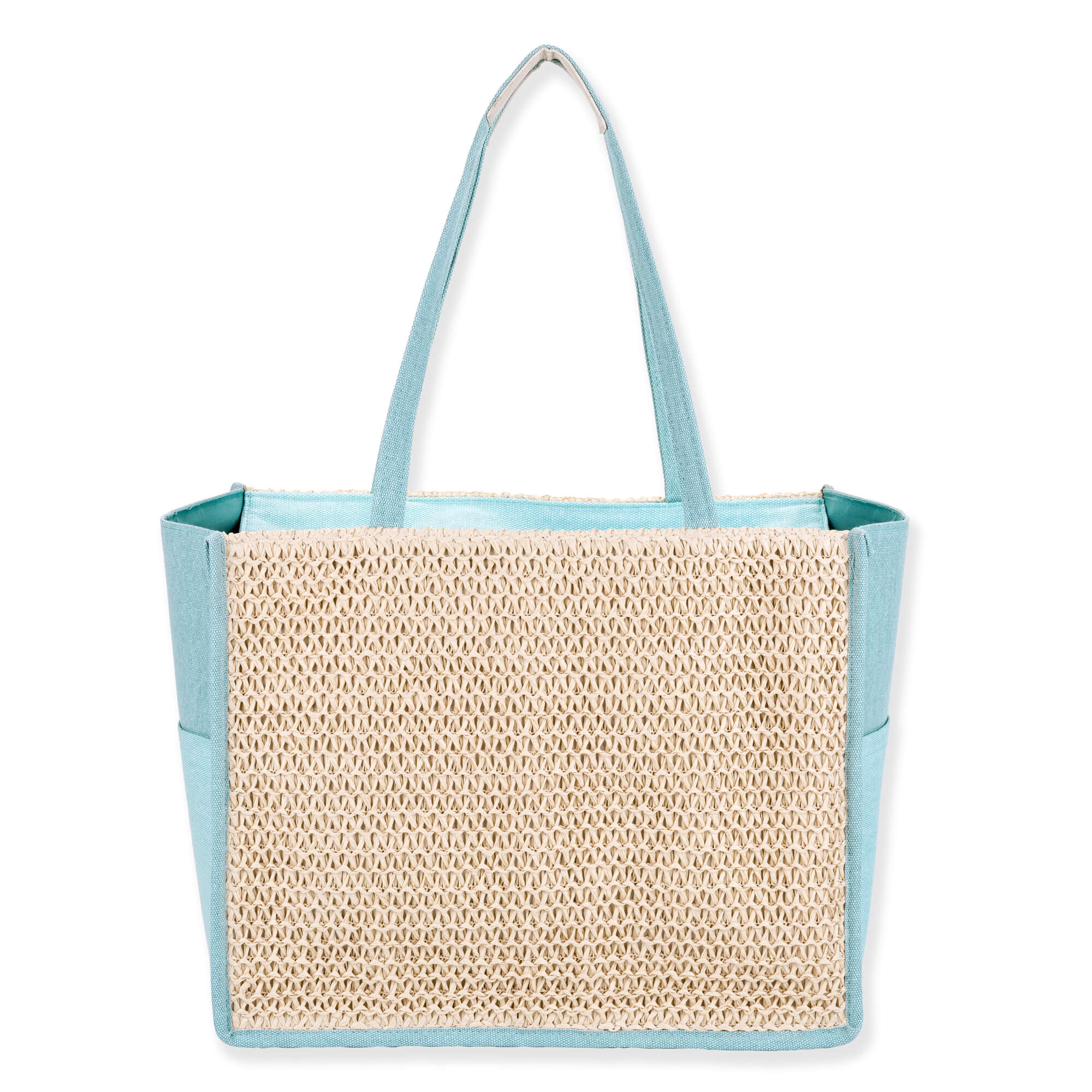 Rear view of mint blue Sun N Sand tote featuring cream open-weave crochet center, canvas trim, and matching blue straps.
