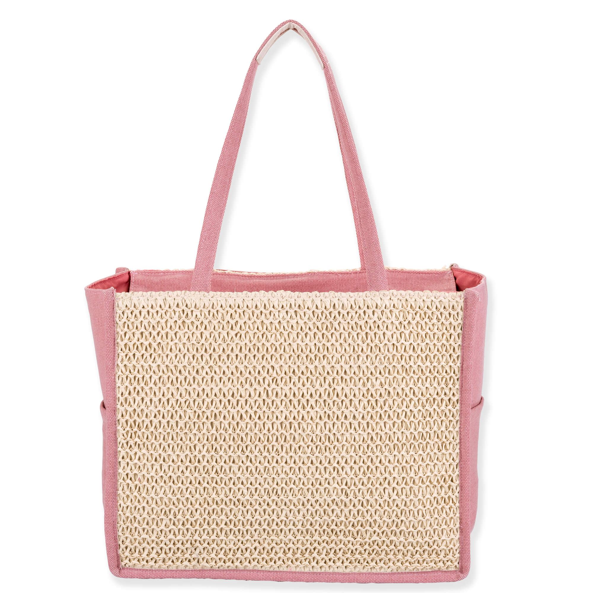 Rear view of dusty pink Sun N Sand tote featuring cream open-weave crochet center, canvas trim, and matching pink straps.