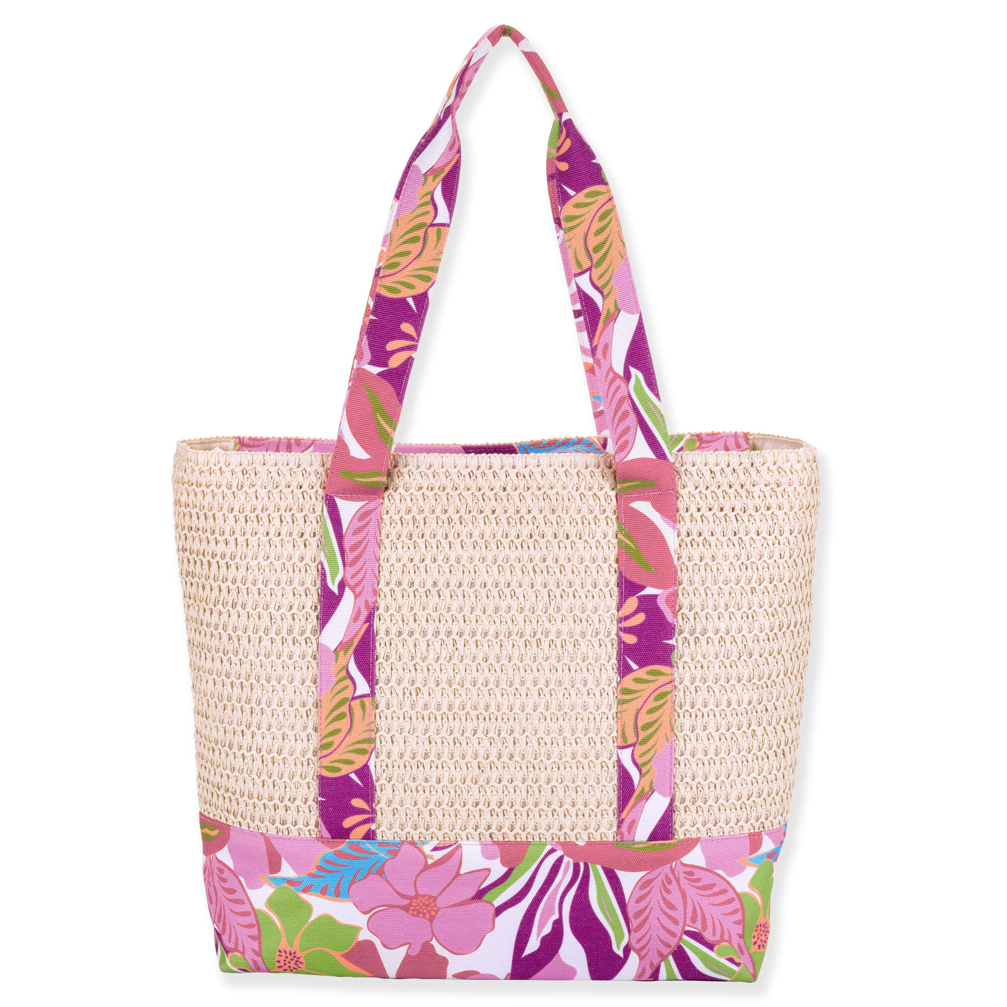 Rear view of cream woven straw Sun N Sand tote featuring vibrant pink and green floral canvas trim and straps.