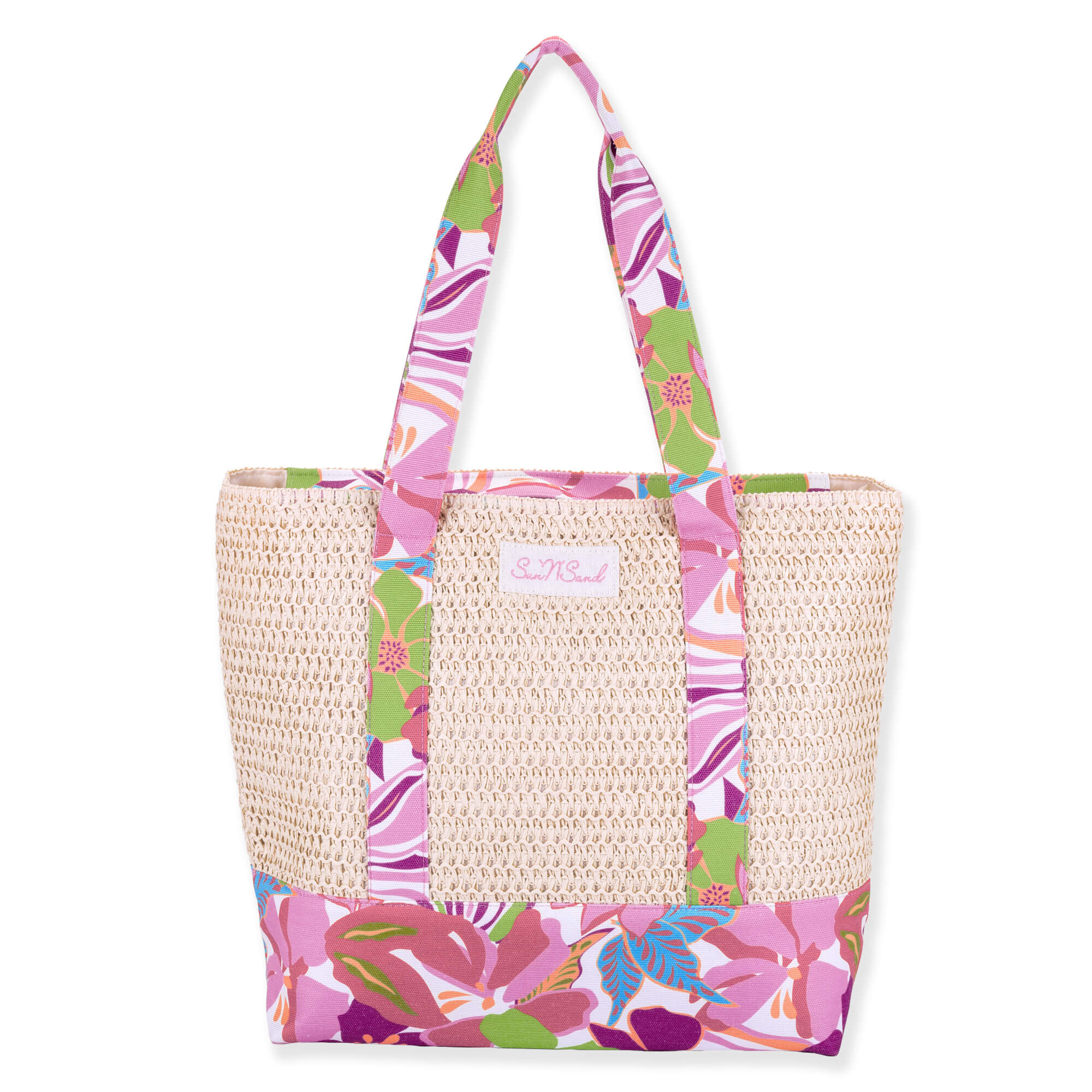 Front view of cream woven straw Sun N Sand tote featuring vibrant pink and green floral canvas trim and straps.