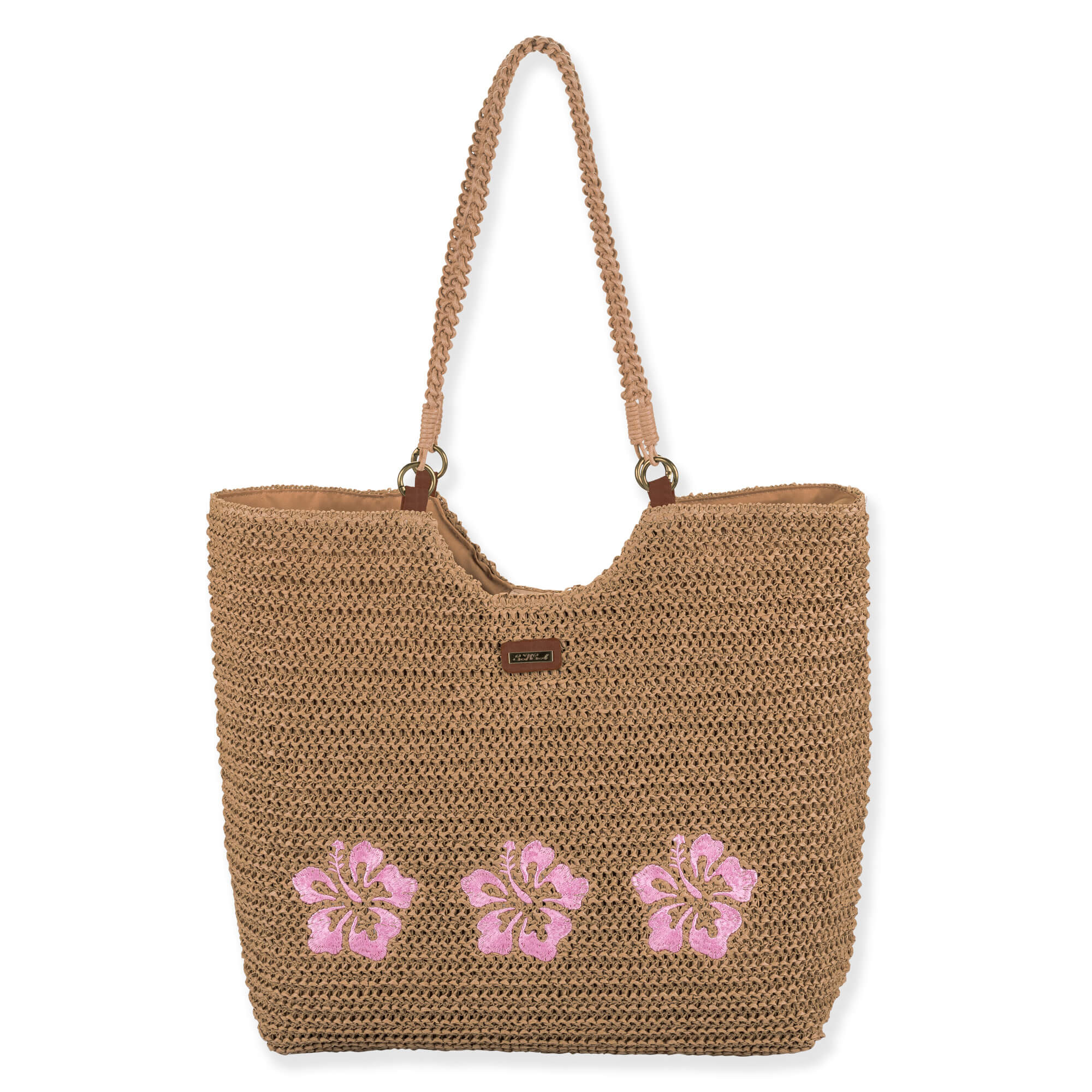 Front view of tan crochet Sun N Sand tote featuring pink embroidered hibiscus flowers, braided rope handles, and gold-tone rings.
