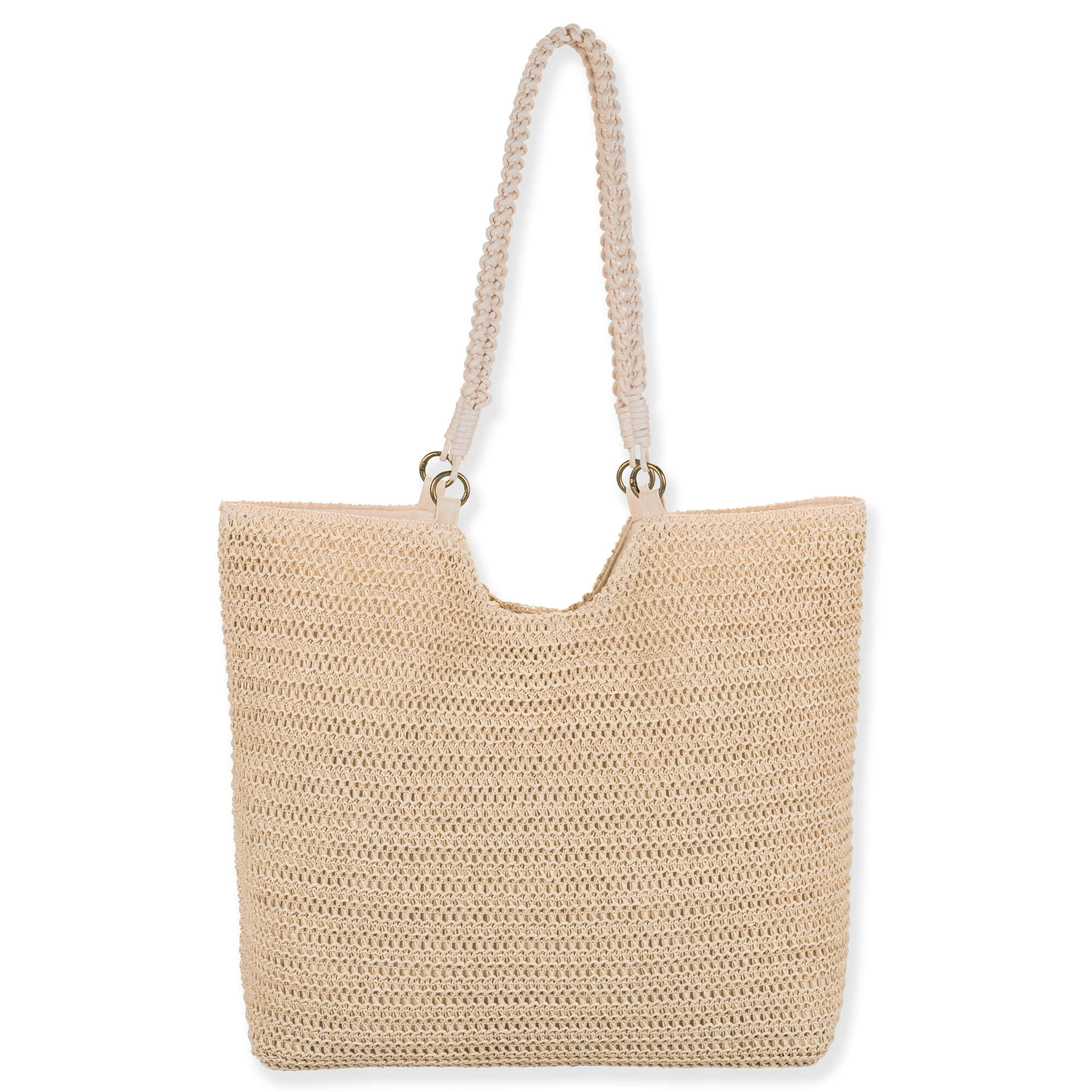 Rear view of cream crochet Sun N Sand tote featuring green embroidered hibiscus flowers, braided rope handles, and gold-tone rings.