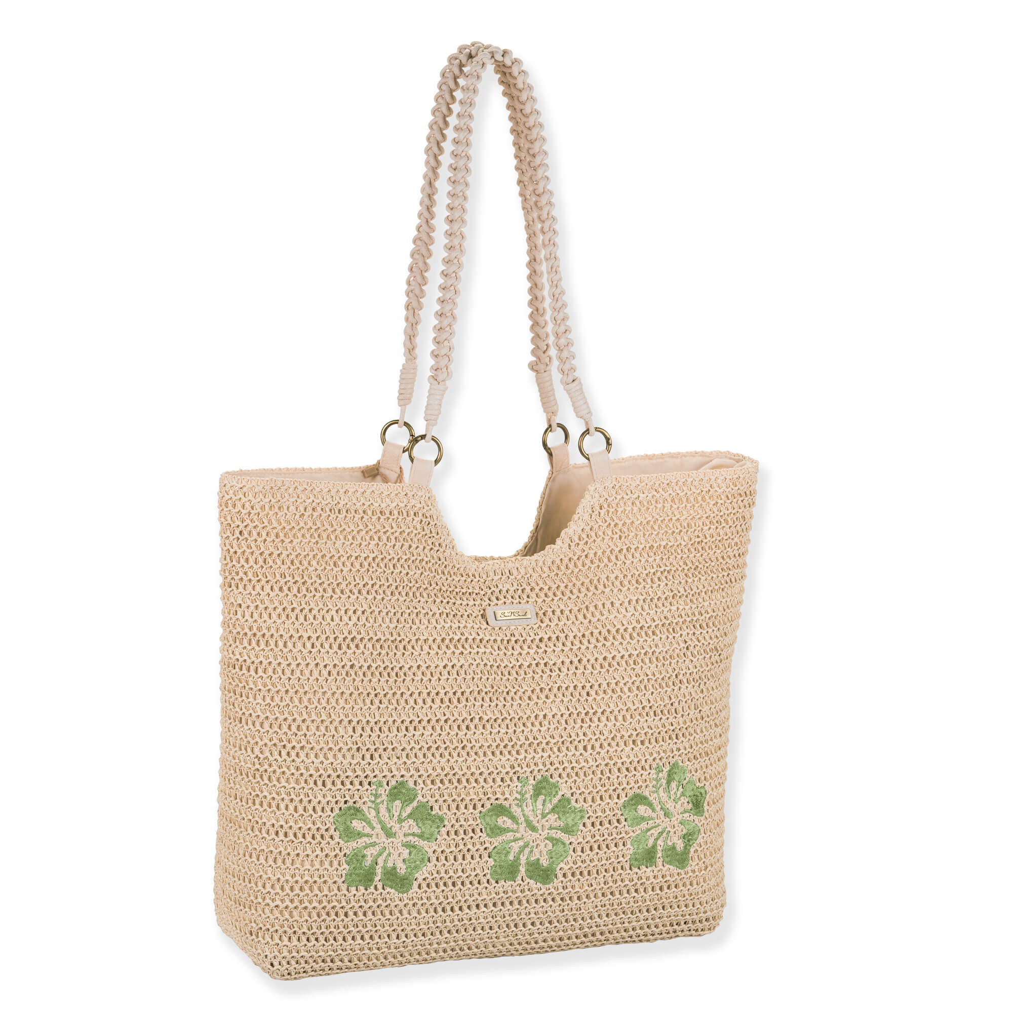 Side view of cream crochet Sun N Sand tote featuring green embroidered hibiscus flowers, braided rope handles, and gold-tone rings.