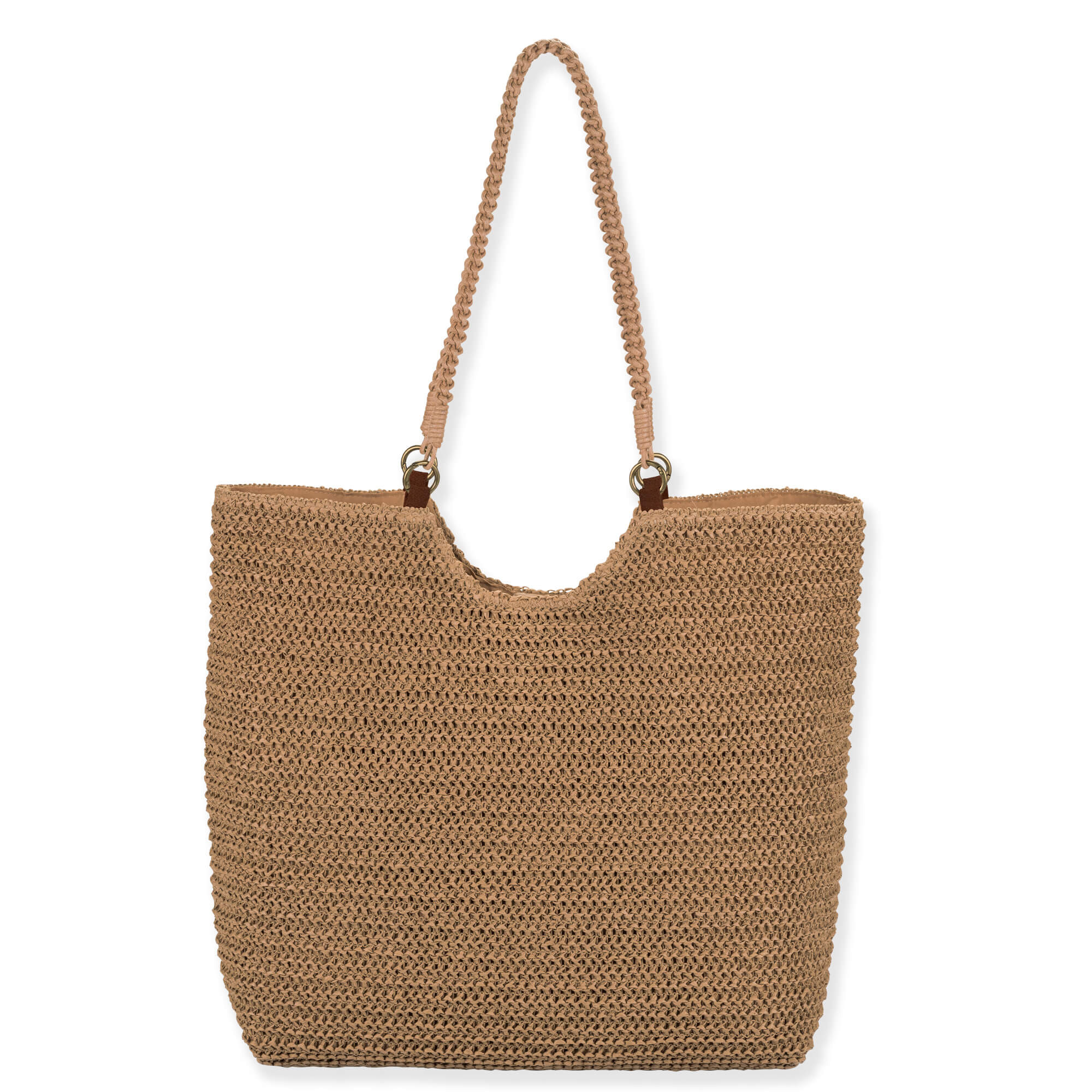 Rear view of tan crochet Sun N Sand tote featuring pink embroidered hibiscus flowers, braided rope handles, and gold-tone rings.