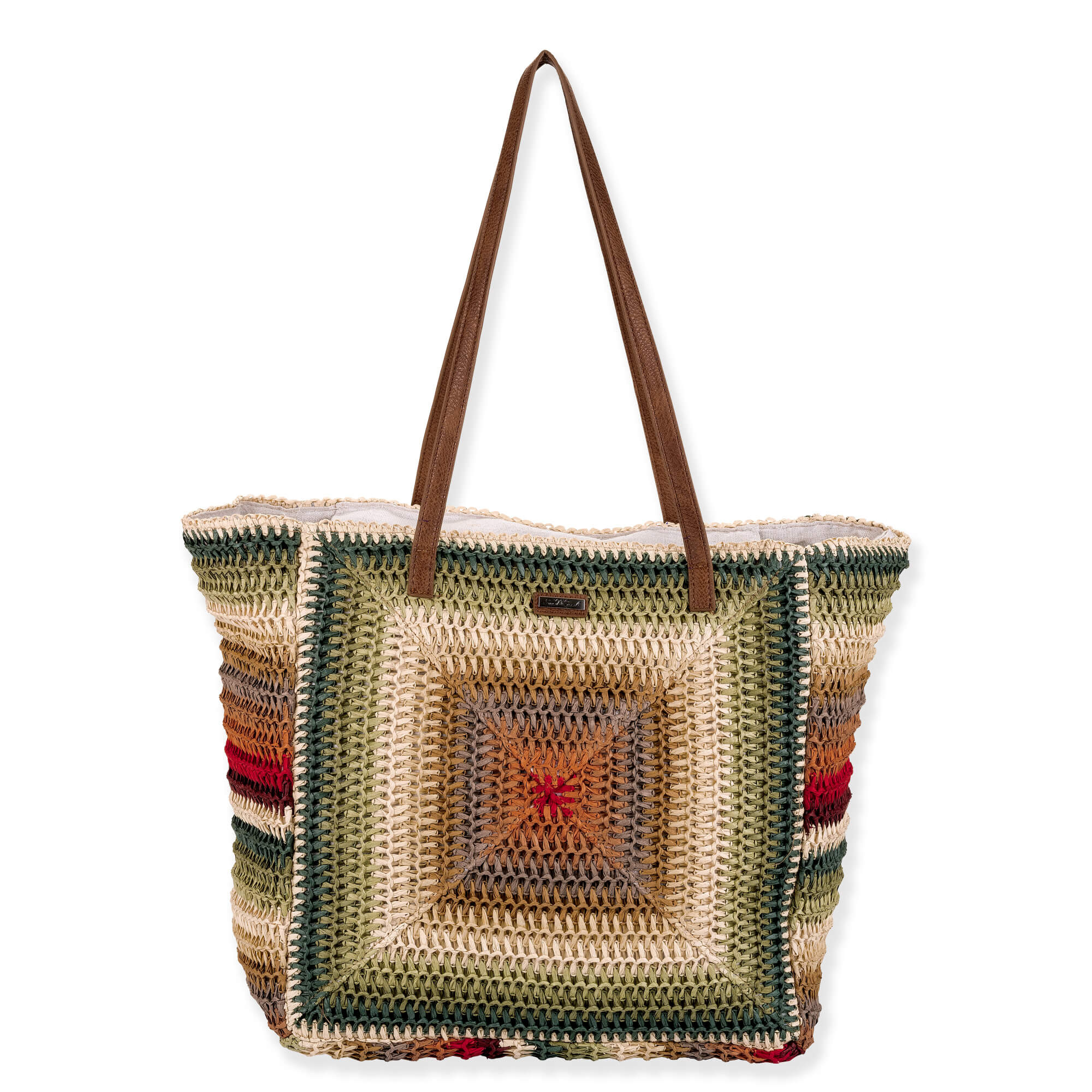 Front view of earth-toned crochet Sun N Sand tote featuring concentric olive and tan squares, red star center, brown leather straps.