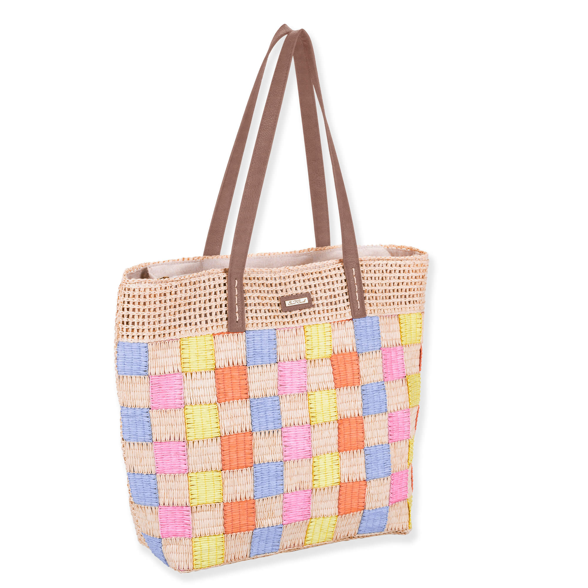 Side view of multi-color woven Sun N Sand shoulder tote featuring pastel checkerboard straw body and brown faux-leather straps.
