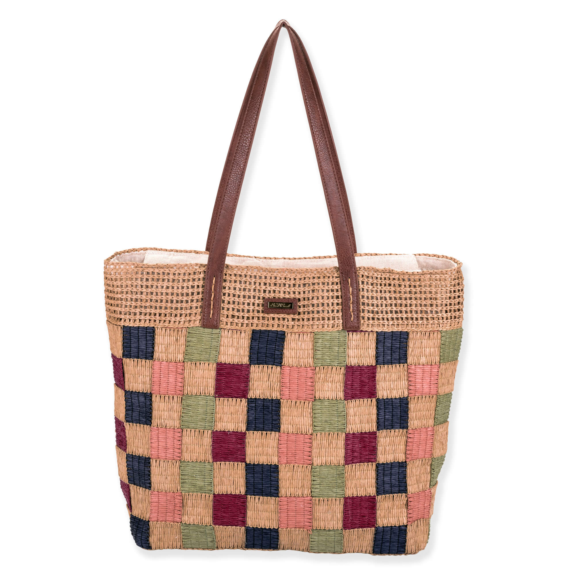 Front view of jewel-tone woven Sun N Sand shoulder tote featuring earth-toned checkerboard straw body and brown faux-leather straps.
