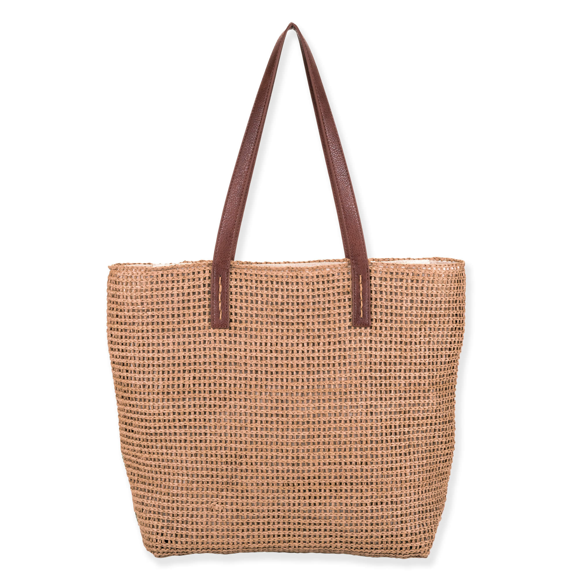 Rear view of jewel-tone woven Sun N Sand shoulder tote featuring earth-toned checkerboard straw body and brown faux-leather straps.