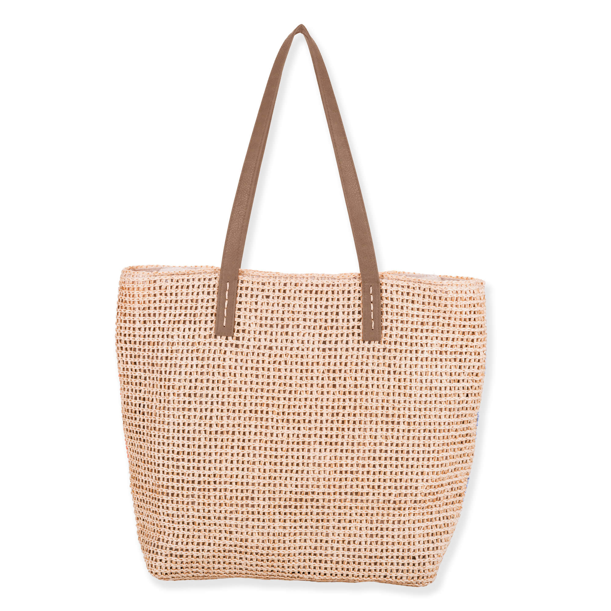 Rear view of multi-color woven Sun N Sand shoulder tote featuring pastel checkerboard straw body and brown faux-leather straps.
