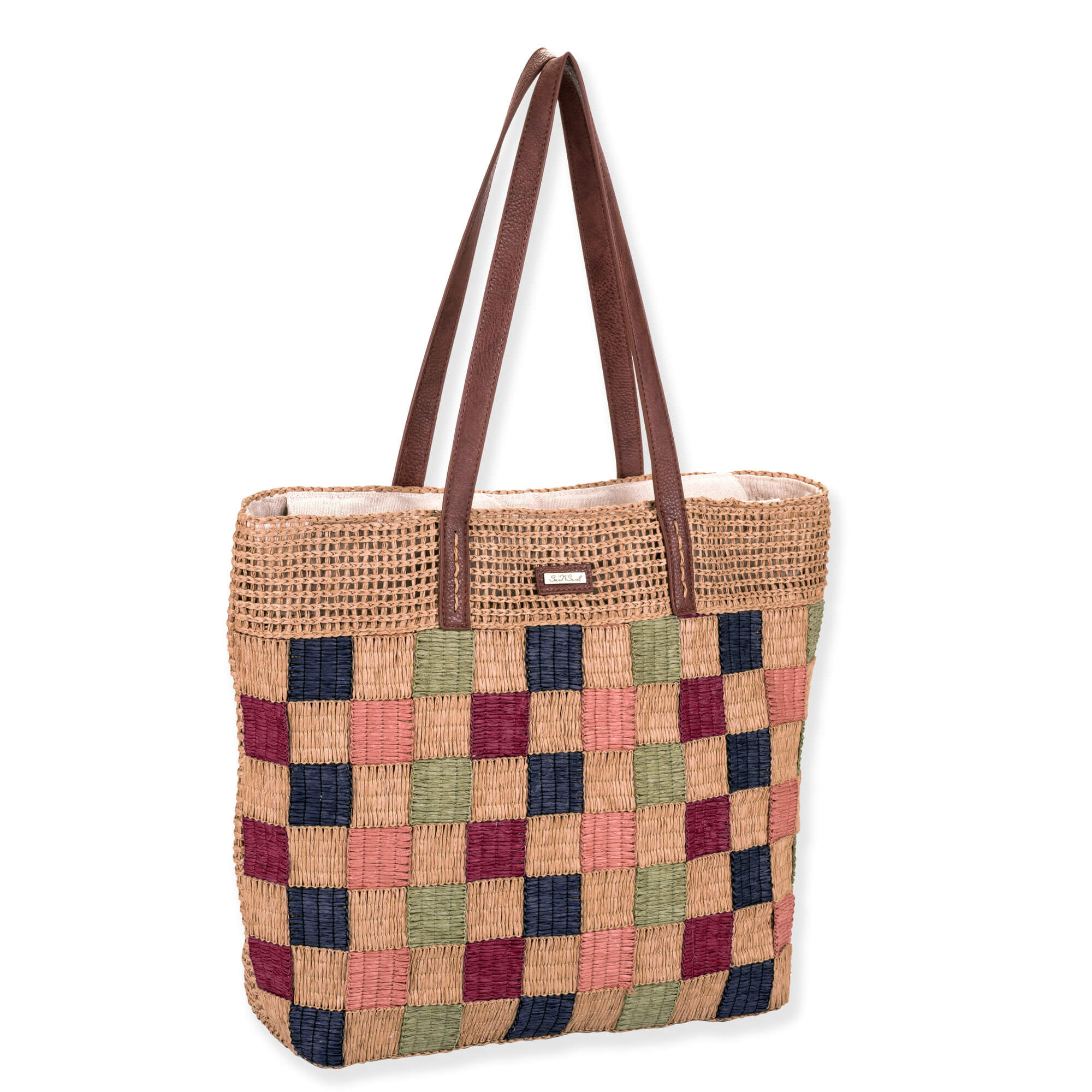 Side view of jewel-tone woven Sun N Sand shoulder tote featuring earth-toned checkerboard straw body and brown faux-leather straps.