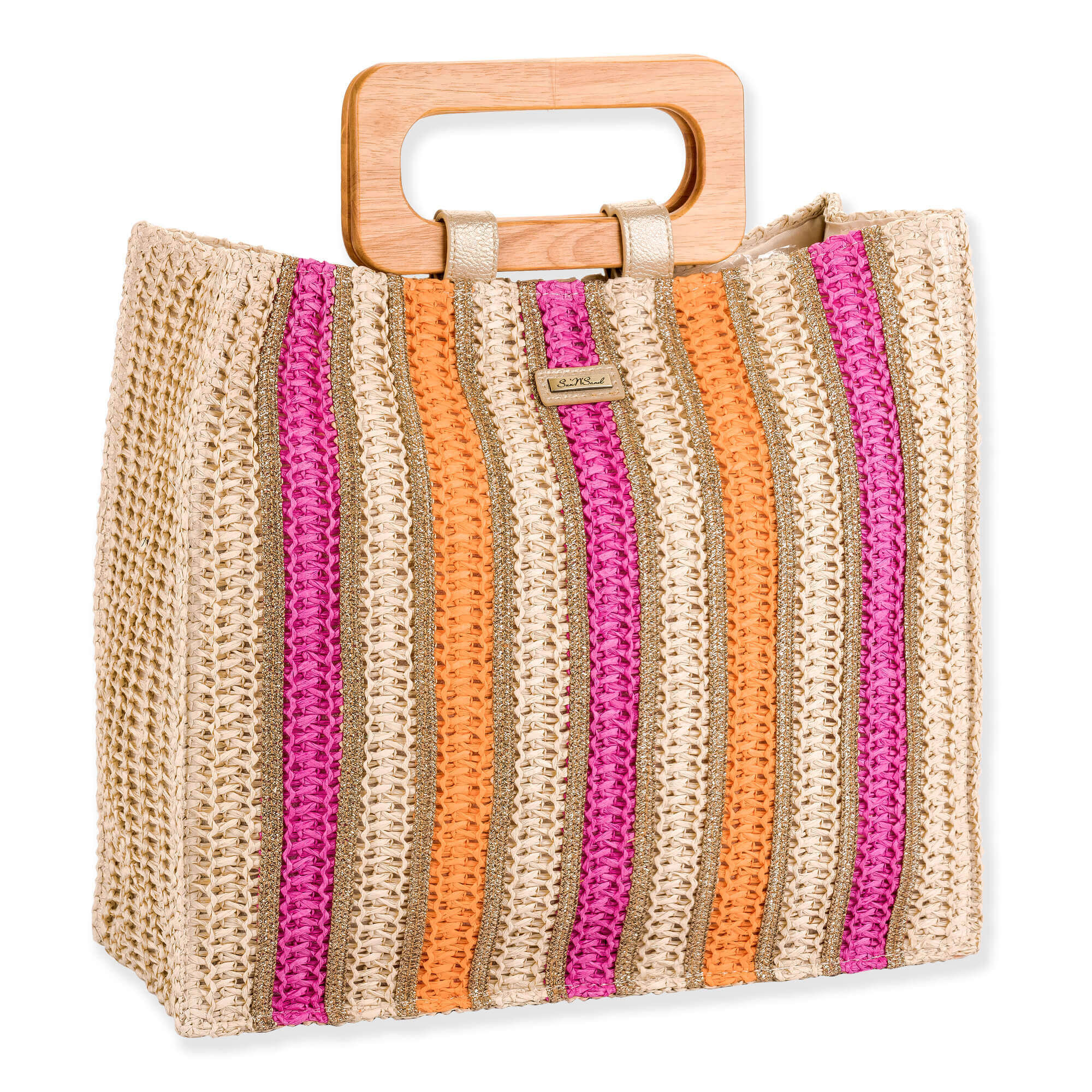 Three Quarters view of pink and orange striped crochet Sun N Sand tote featuring gold metallic rows and rectangular wood handles.