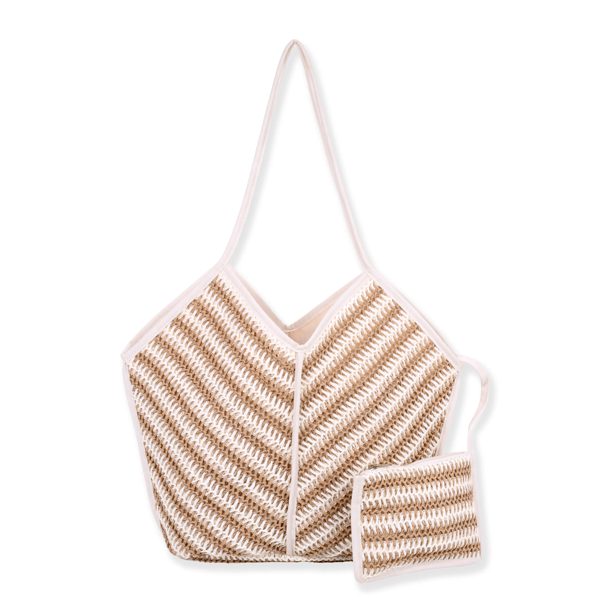 Front view of cream and tan woven Sun N Sand shoulder tote featuring chevron stripes, V-shaped opening, and matching pouch.