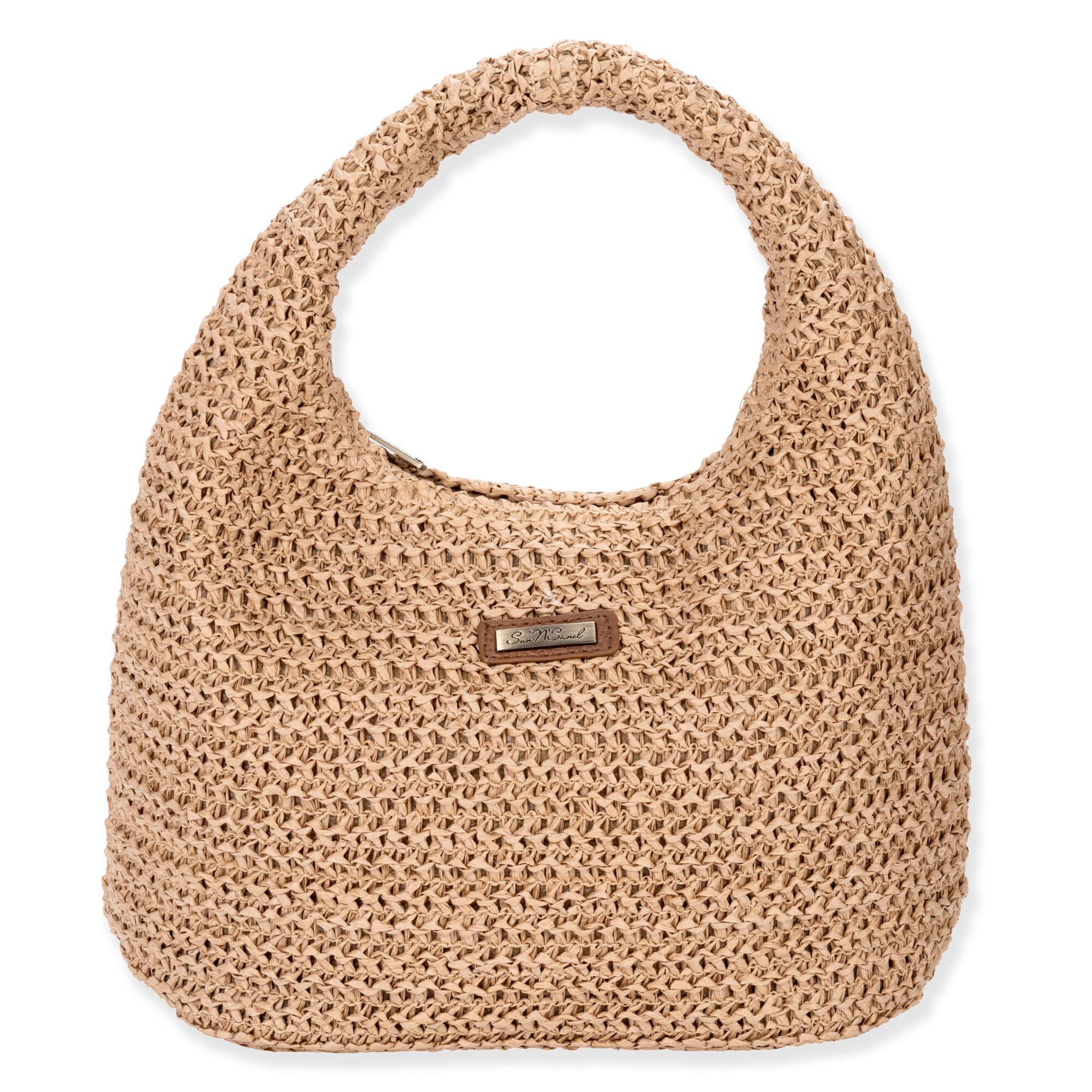 Front view of tan Sun N Sand crochet hobo bag featuring open-weave texture, integrated top handle, and brown leather logo.