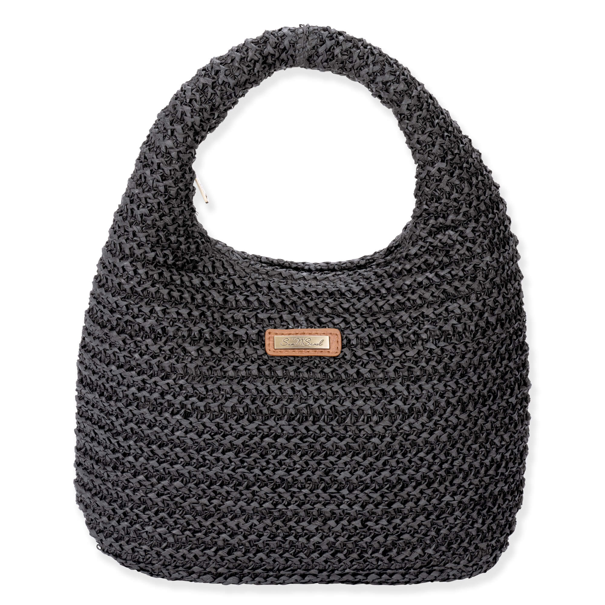 Front view of black Sun N Sand crochet hobo bag featuring a textured open-weave body, integrated top handle, and brown logo.